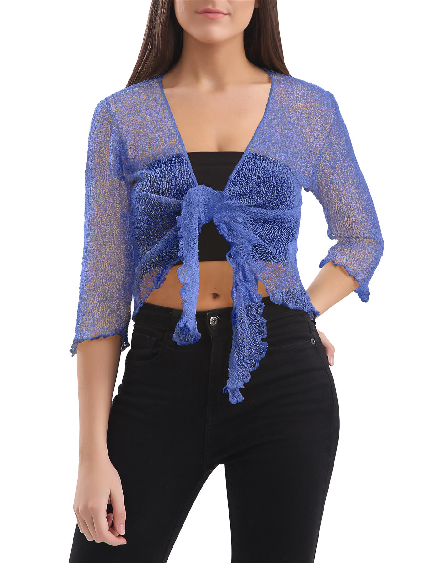 Womens Tie Up Open Front Shrug Ladies Knitted Cropped Bolero beach summer Top - Picture 80 of 169