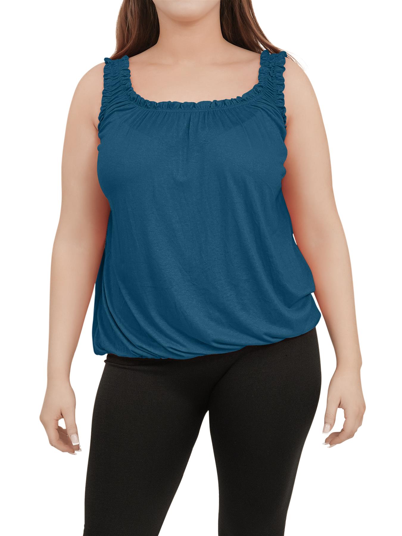Women Round Scoop Neckline Gathered Vest Top Ladies Elastic Bubble Hem Summer - Picture 43 of 138
