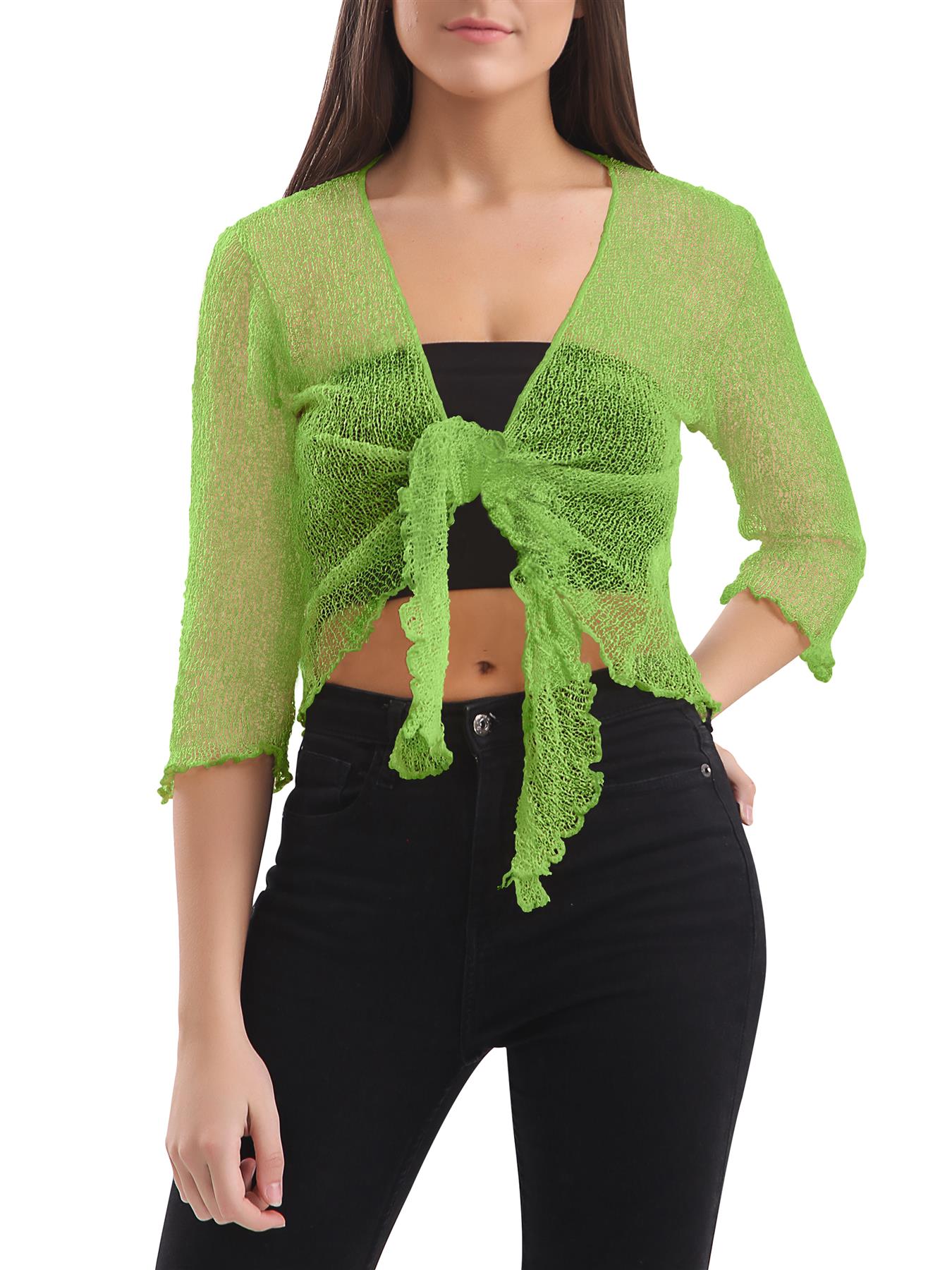 Womens Tie Up Open Front Shrug Ladies Knitted Cropped Bolero beach summer Top - Picture 3 of 169