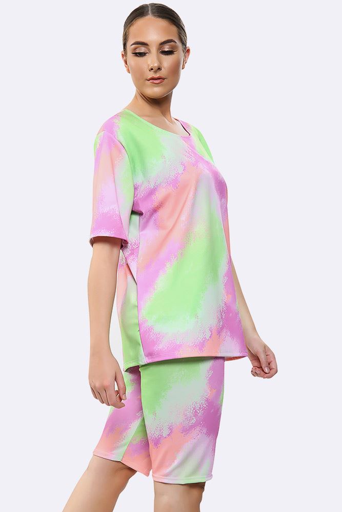 New Womens Summer T-Shirt and Cycling Shorts Set Tie Dye Co-ord Set - Picture 5 of 12