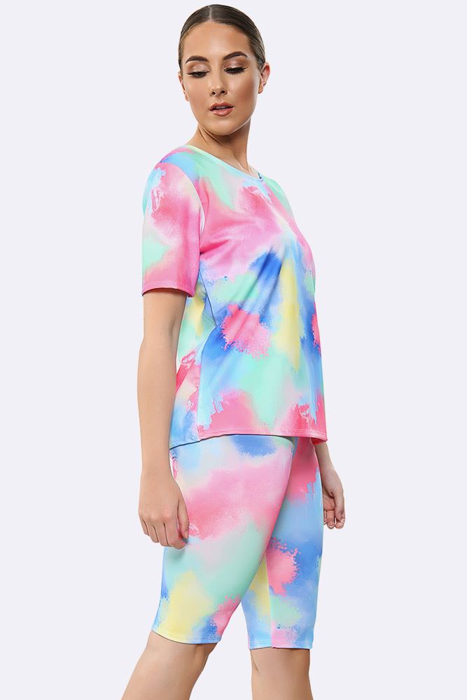 New Womens Summer T-Shirt and Cycling Shorts Set Tie Dye Co-ord Set - Picture 8 of 12