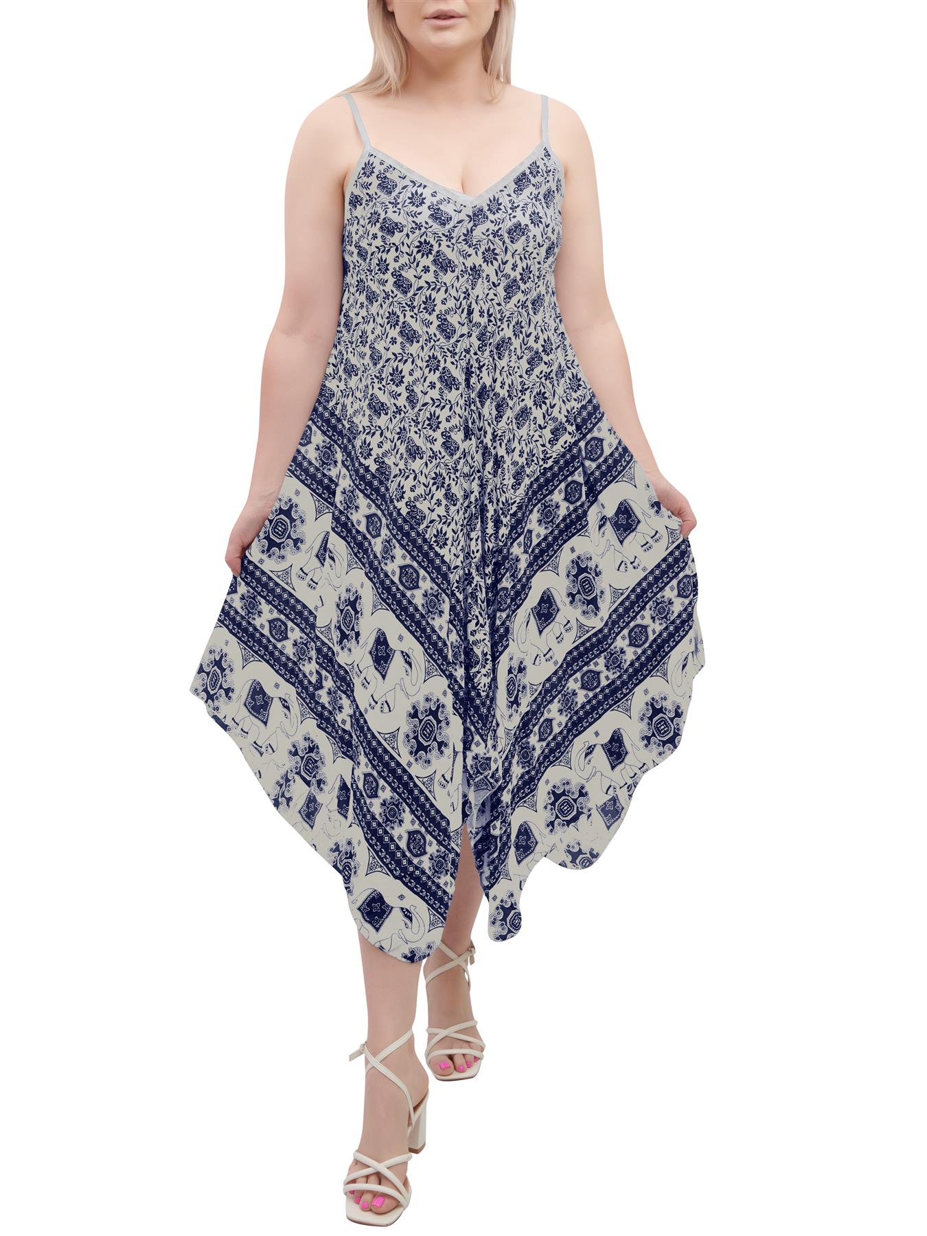 Womens Sleeveless Italian V Neck Hanky Dress Elephant Print Strappy Summer Maxi - Picture 9 of 72