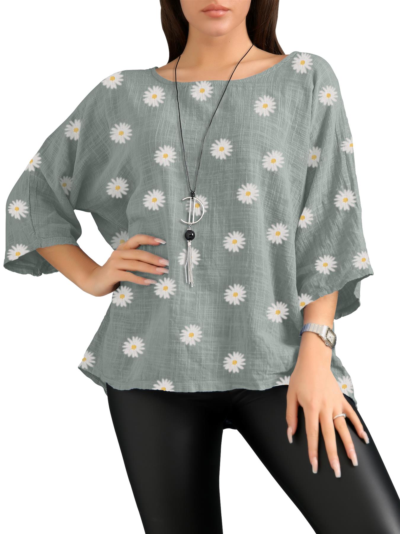 Women's Italian Lagenlook Cotton Top Daisy Floral Print 3/4 Sleeves Tunic Shirt - Picture 50 of 63