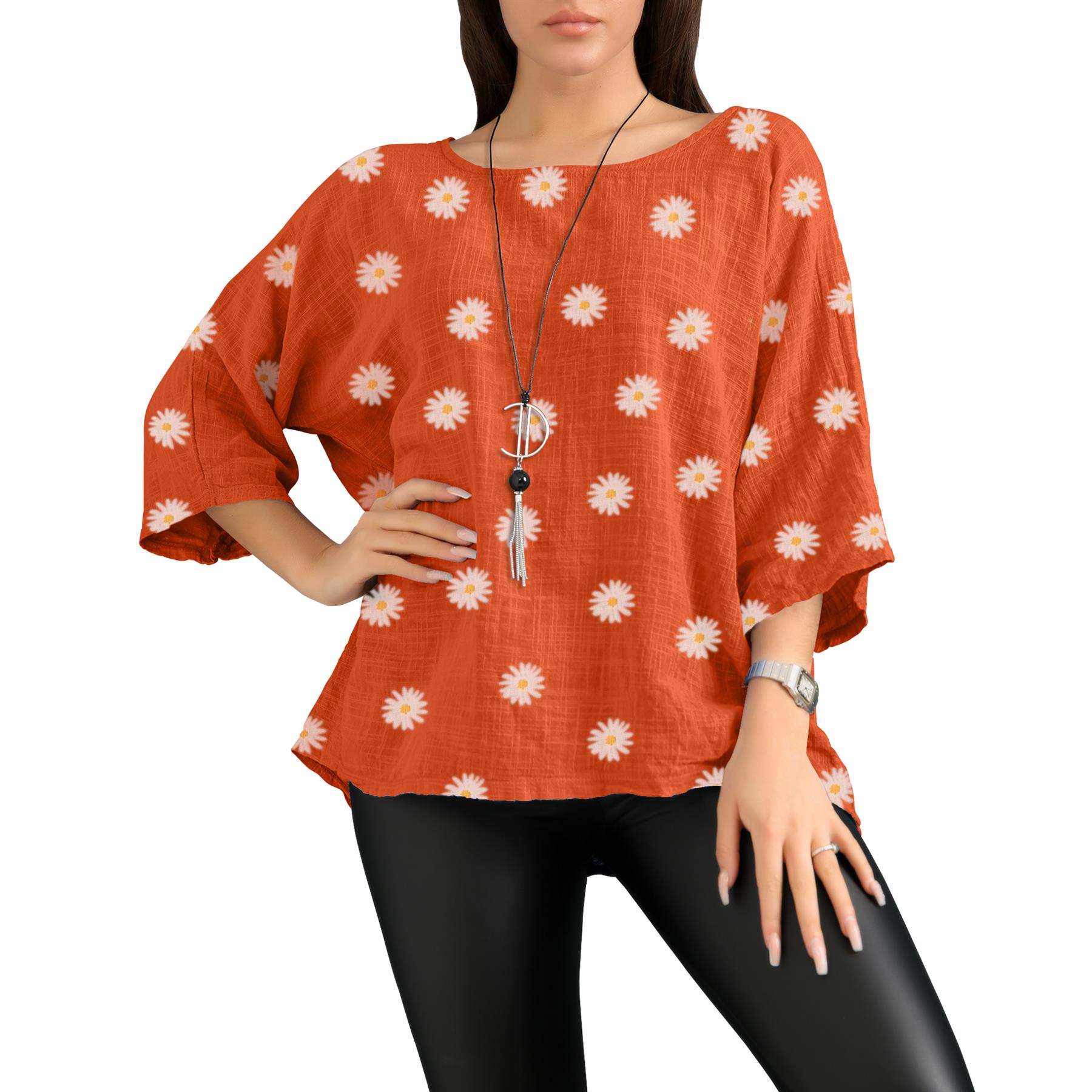Women's Italian Lagenlook Cotton Top Daisy Floral Print 3/4 Sleeves Tunic Shirt - Picture 46 of 63