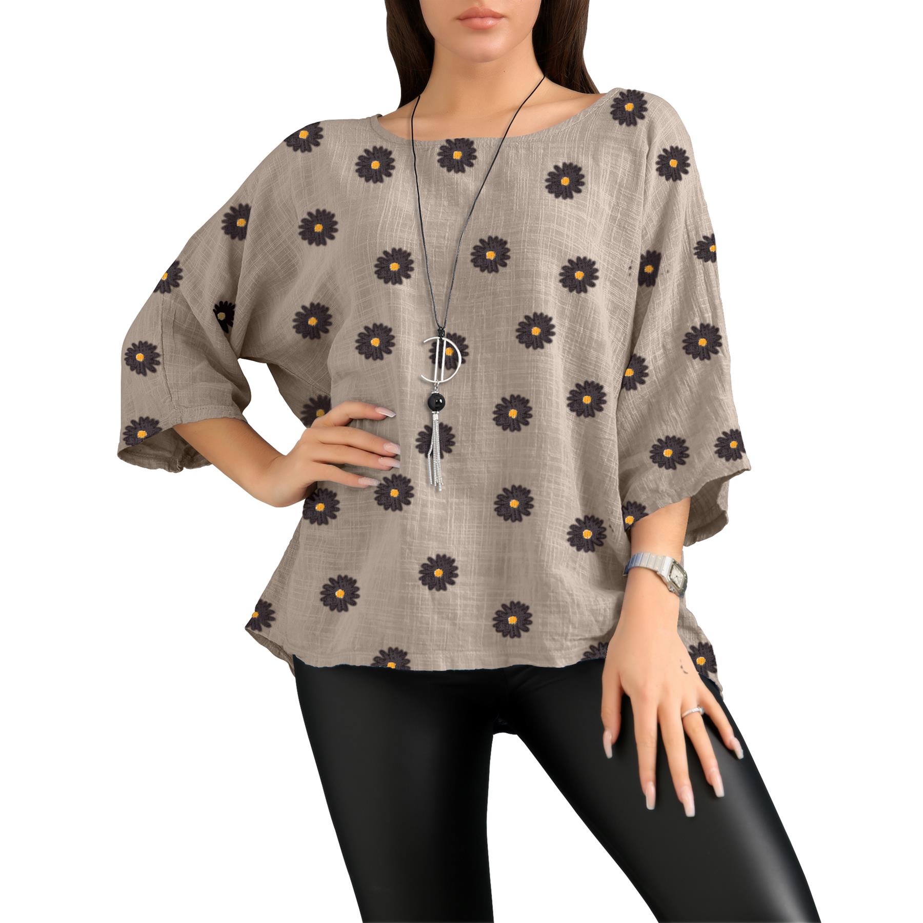 Women's Italian Lagenlook Cotton Top Daisy Floral Print 3/4 Sleeves Tunic Shirt - Picture 8 of 63
