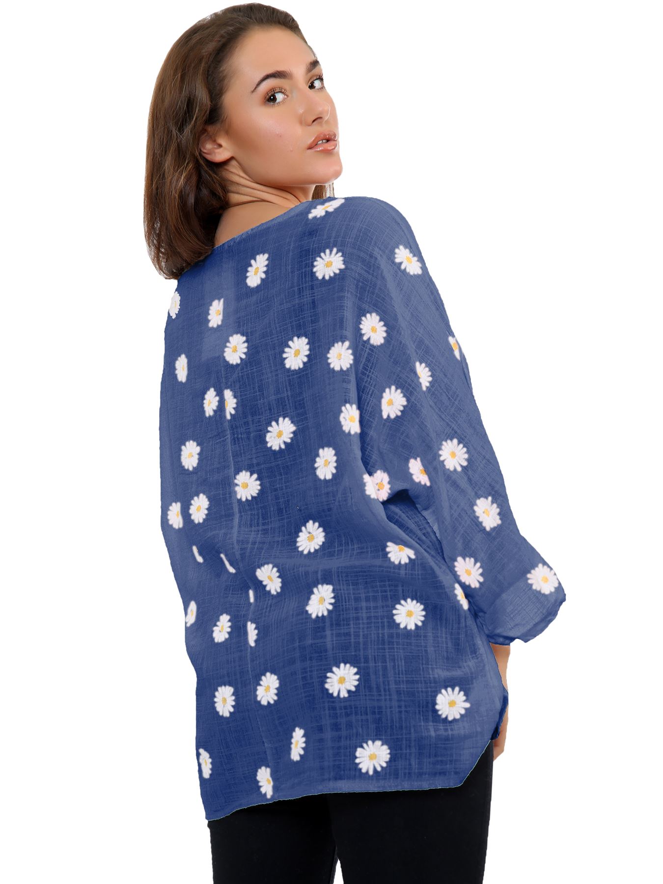 Ladies Italian Daisy Print Lagenlook Plain Lightweight Casual Short Top - Picture 89 of 101