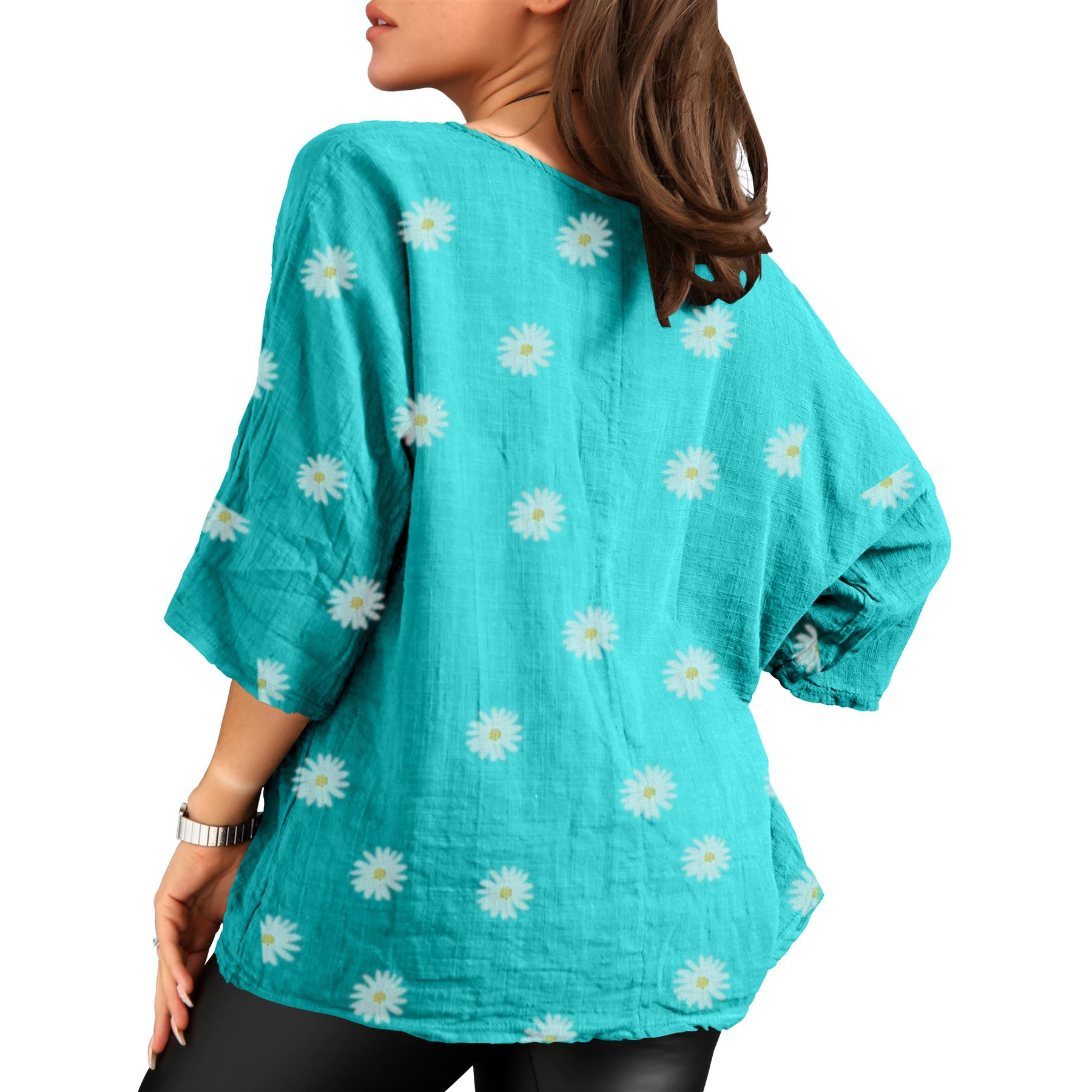 Women's Italian Lagenlook Cotton Top Daisy Floral Print 3/4 Sleeves Tunic Shirt - Picture 39 of 63