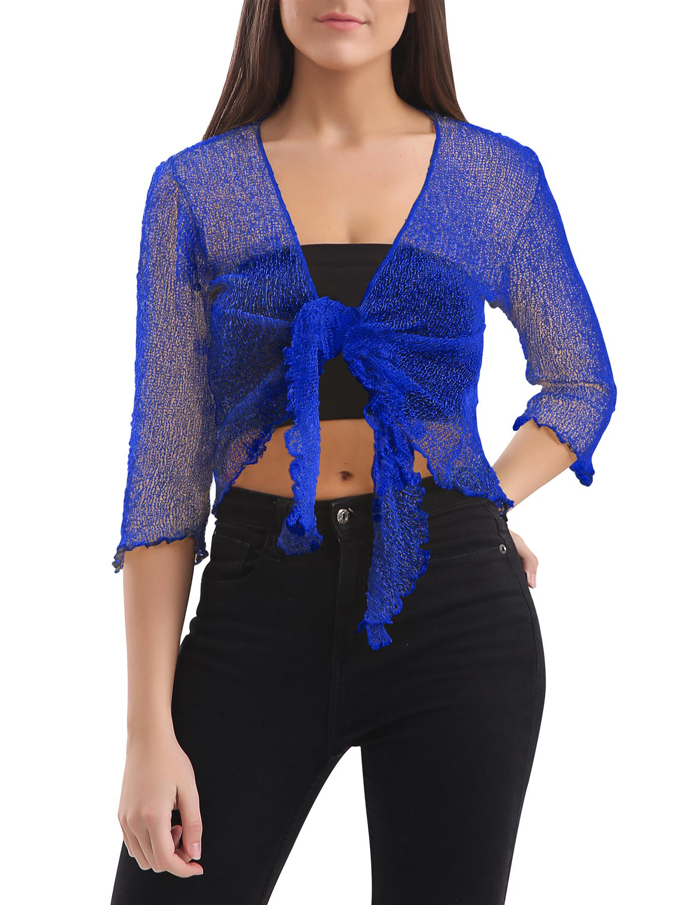 Womens Tie Up Open Front Shrug Ladies Knitted Cropped Bolero beach summer Top - Picture 134 of 169