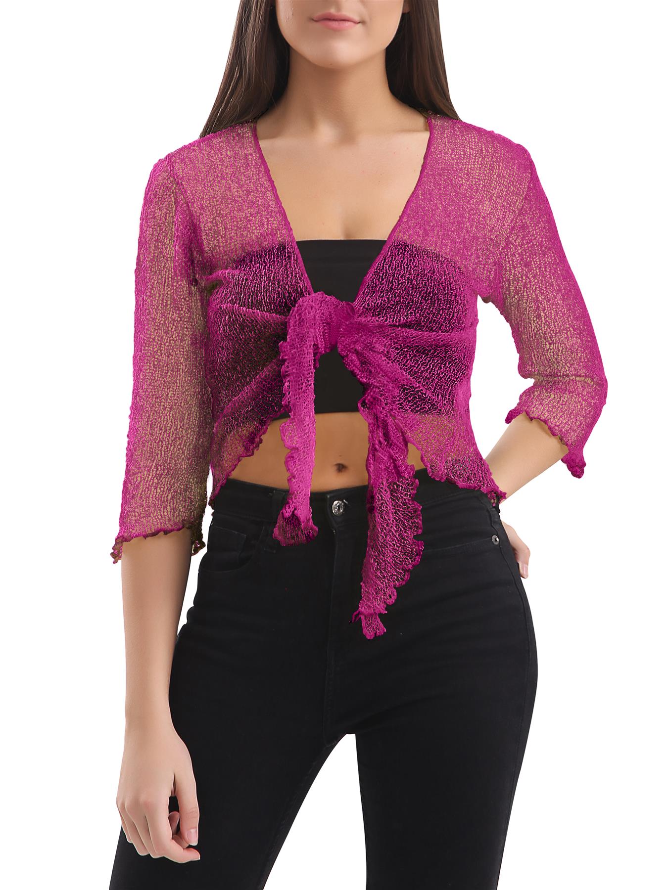 Womens Tie Up Open Front Shrug Ladies Knitted Cropped Bolero beach summer Top - Picture 161 of 169