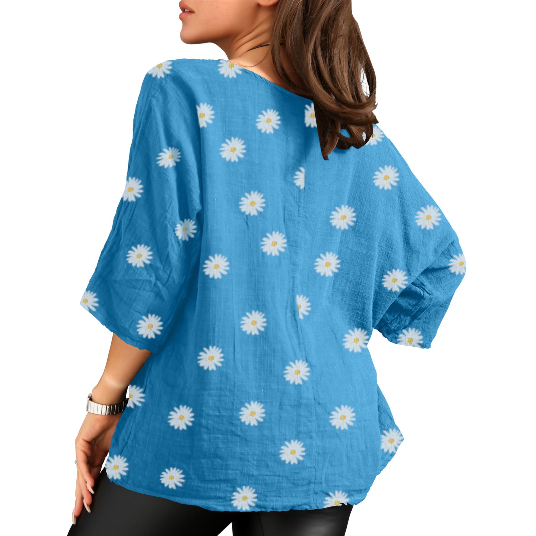 Women's Italian Lagenlook Cotton Top Daisy Floral Print 3/4 Sleeves Tunic Shirt - Picture 59 of 63