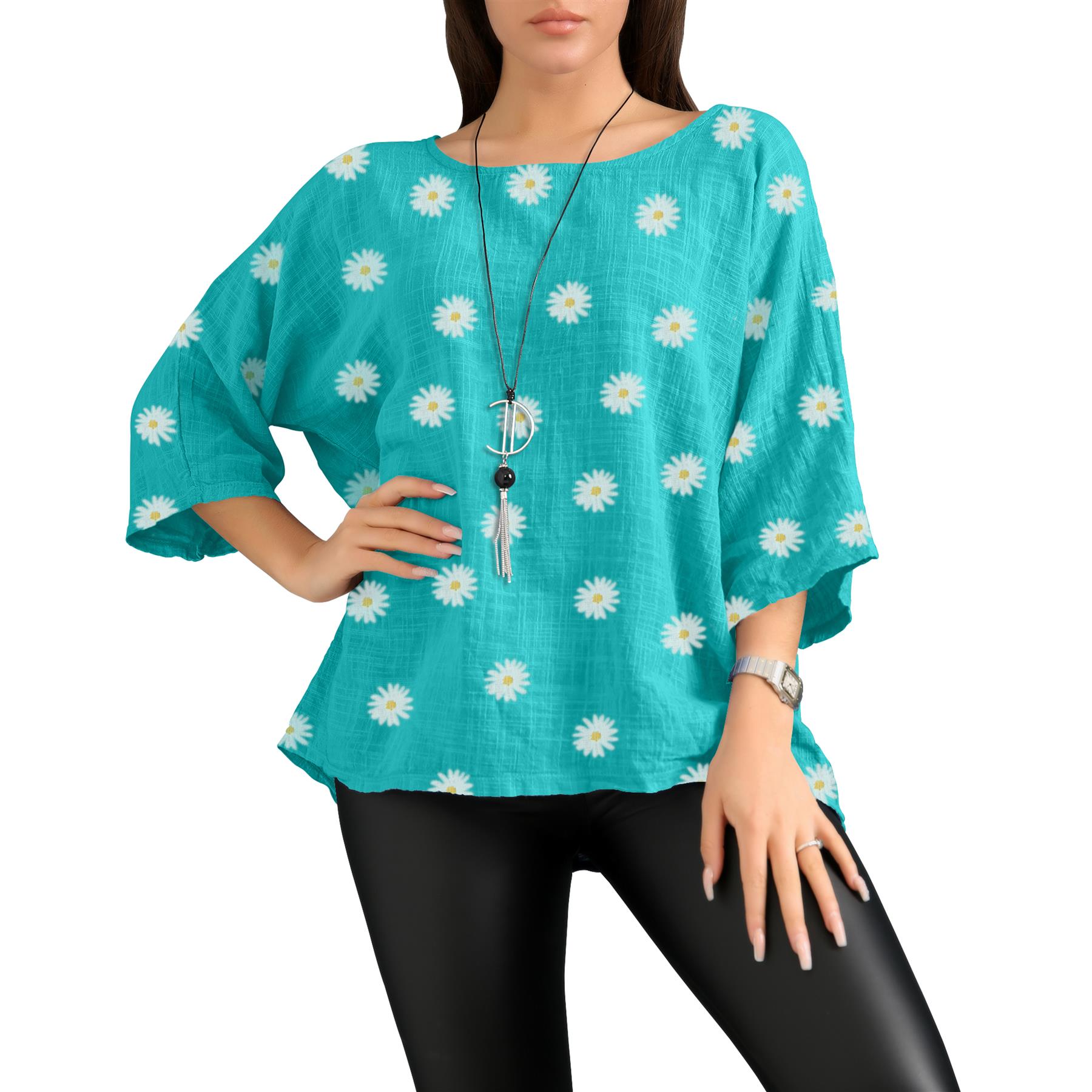 Women's Italian Lagenlook Cotton Top Daisy Floral Print 3/4 Sleeves Tunic Shirt - Picture 38 of 63