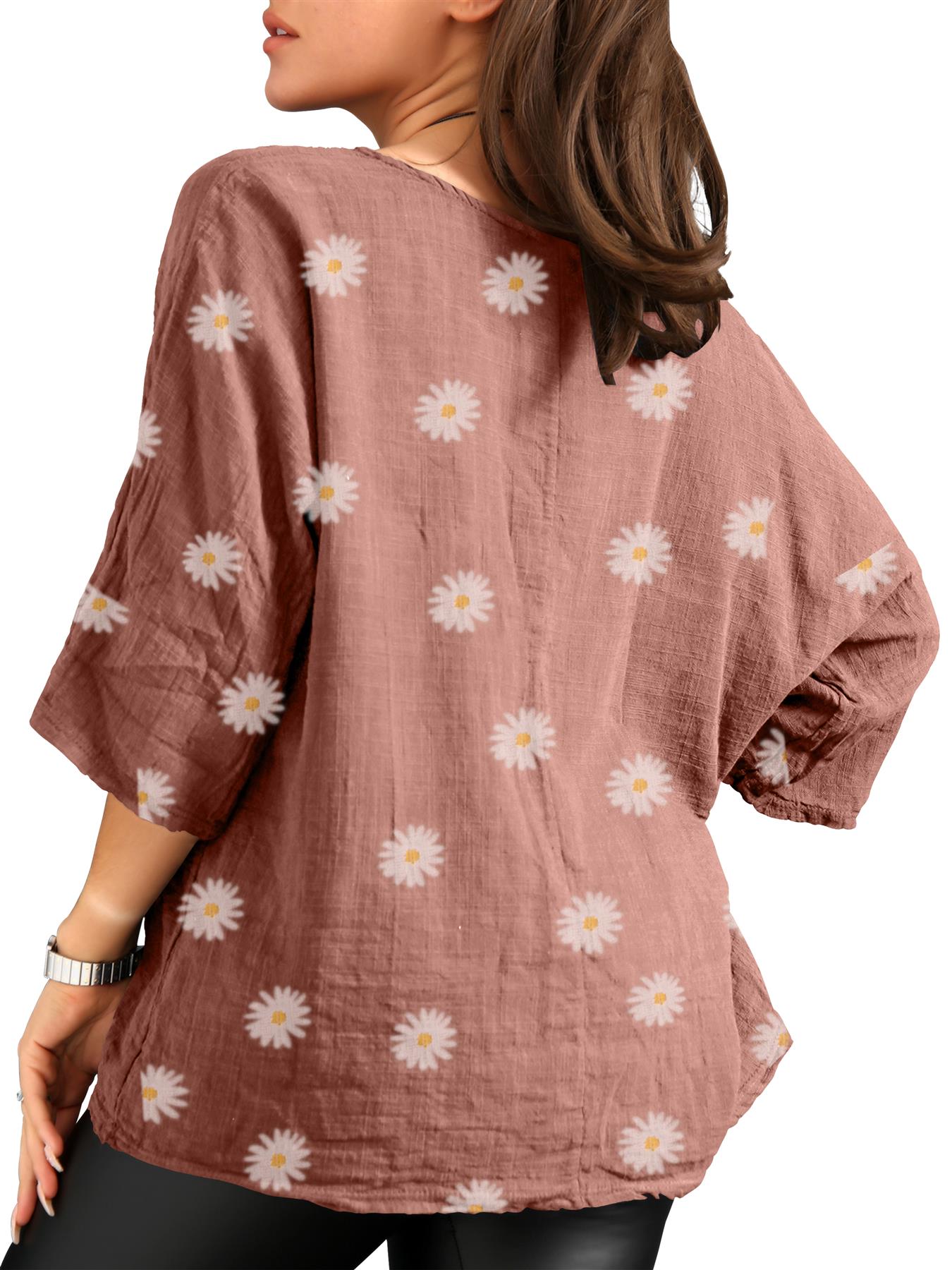Women's Italian Lagenlook Cotton Top Daisy Floral Print 3/4 Sleeves Tunic Shirt - Picture 21 of 63