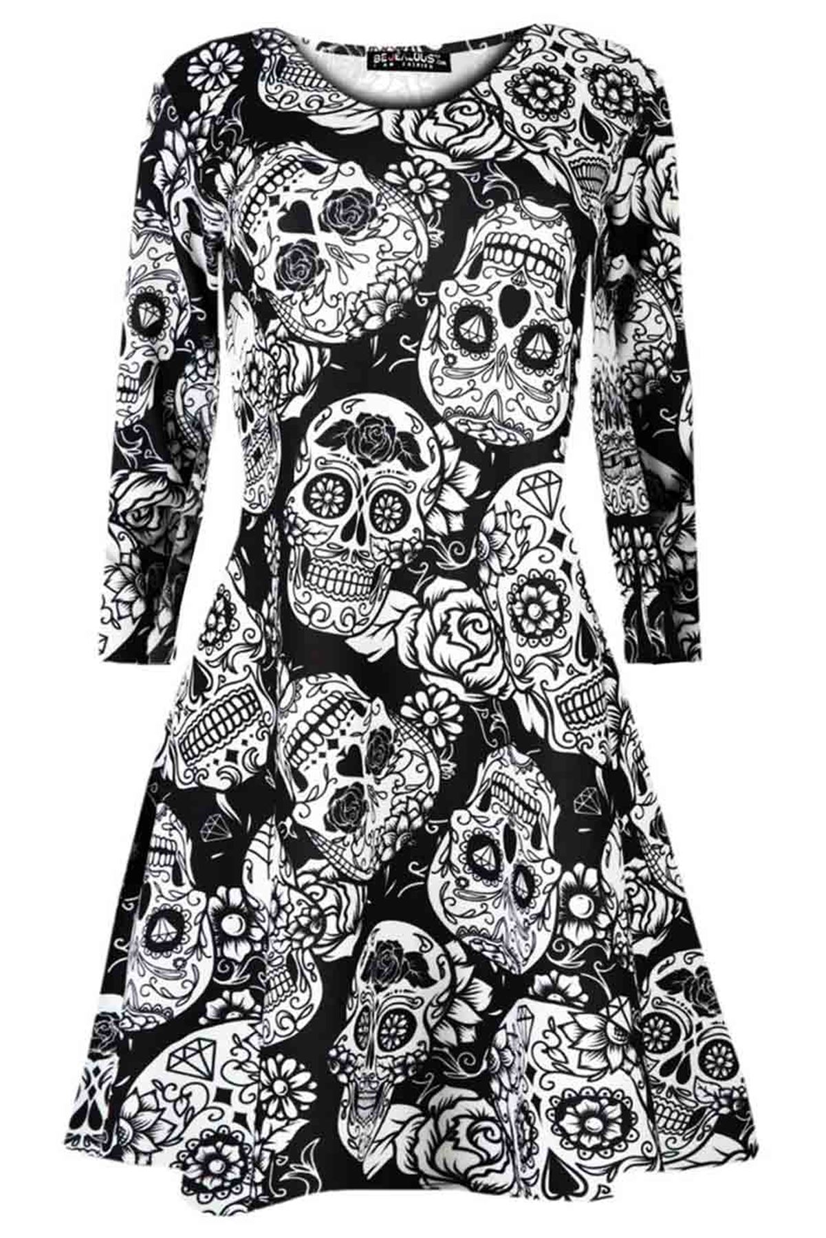 Womens Halloween Tunic Dress Skull Grey Prints Swing Ladies Party Wear Crew Neck