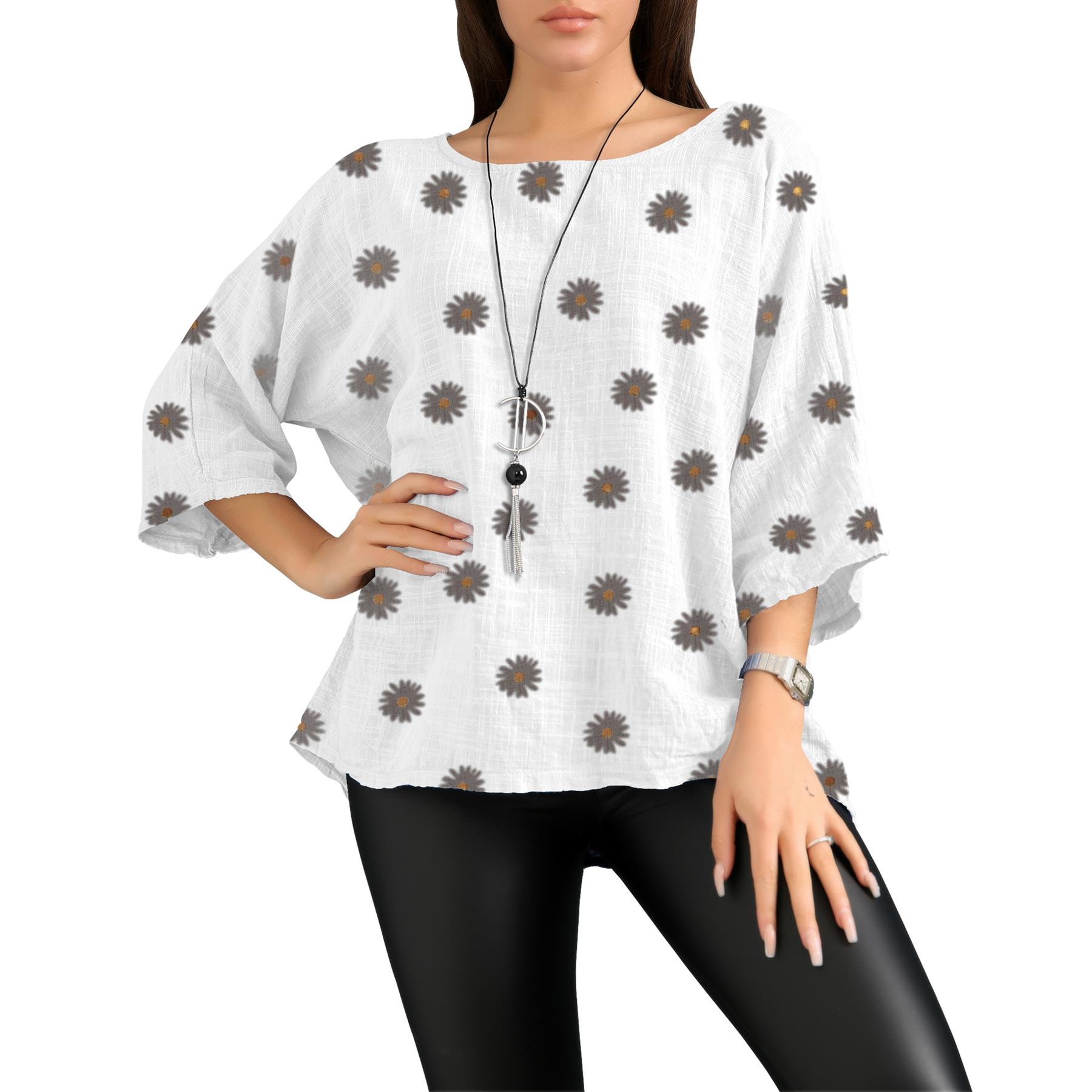 Women's Italian Lagenlook Cotton Top Daisy Floral Print 3/4 Sleeves Tunic Shirt