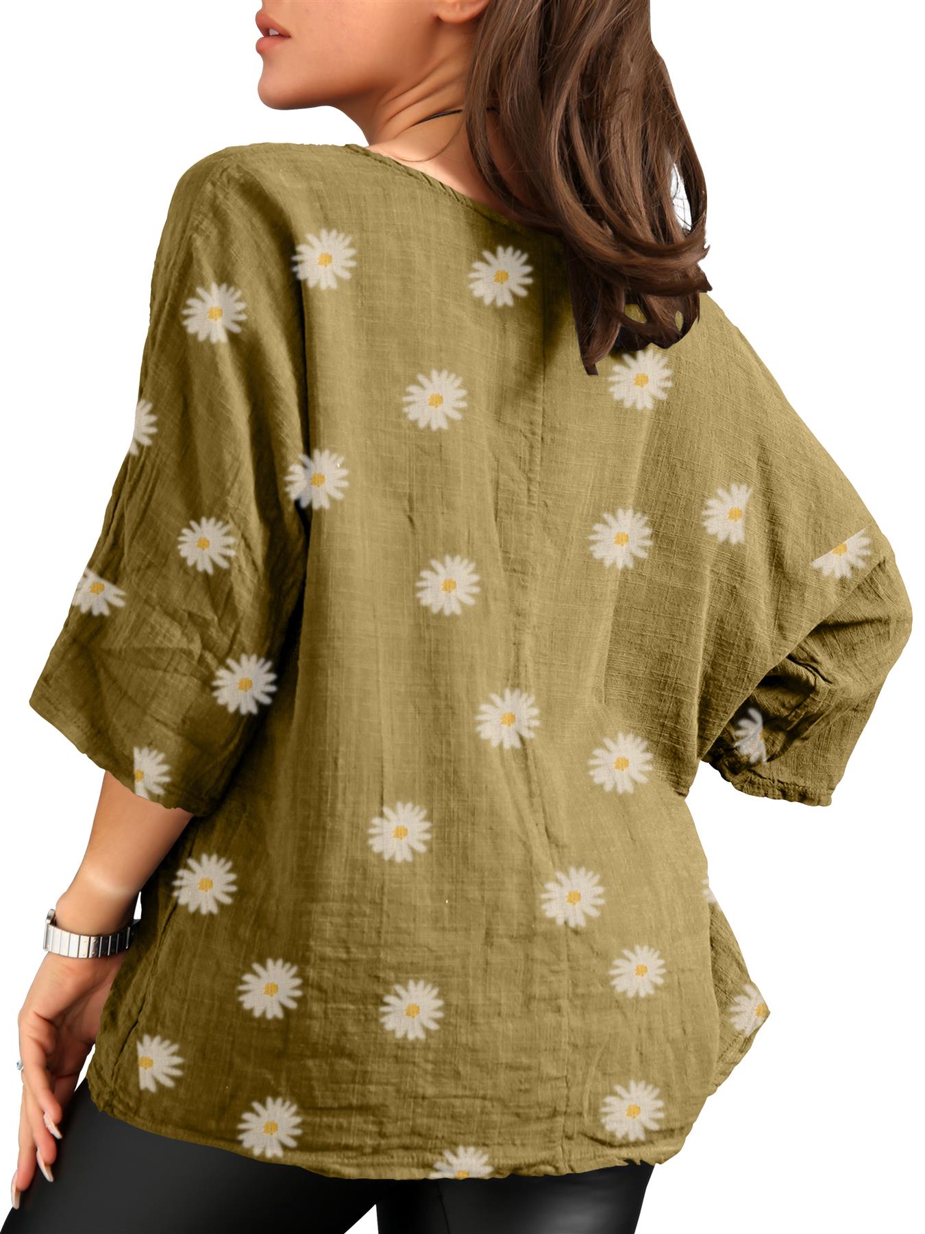 Women's Italian Lagenlook Cotton Top Daisy Floral Print 3/4 Sleeves Tunic Shirt - Picture 45 of 63