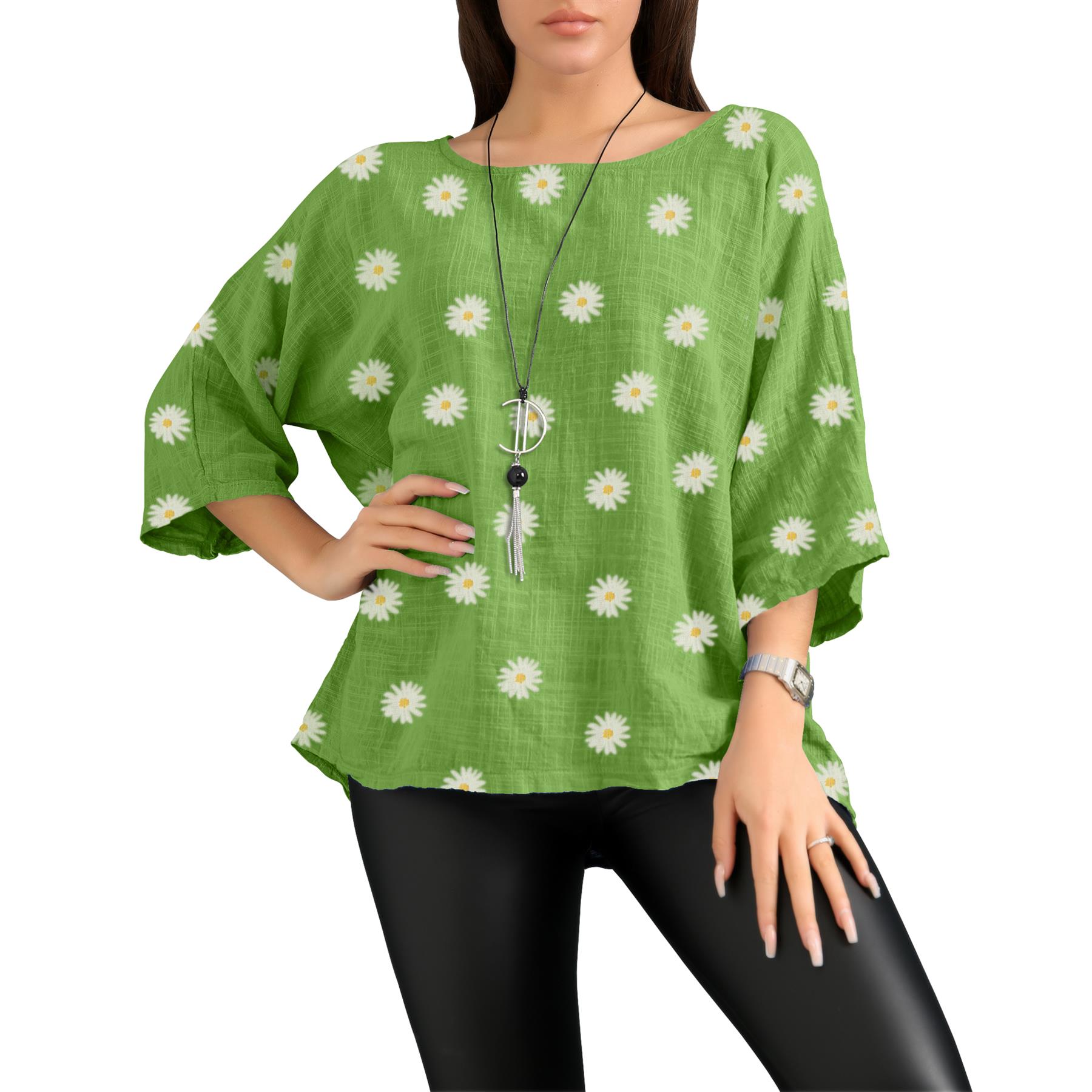 Women's Italian Lagenlook Cotton Top Daisy Floral Print 3/4 Sleeves Tunic Shirt - Picture 4 of 63