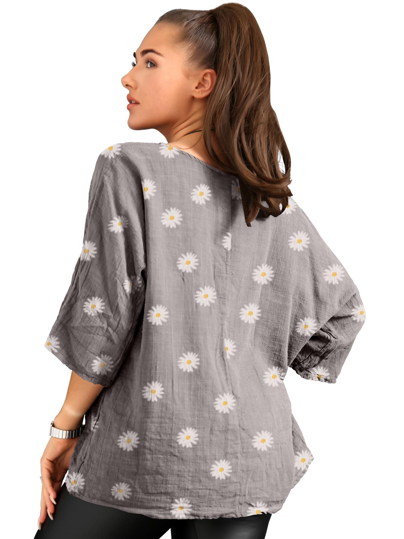 Women's Italian Lagenlook Cotton Top Daisy Floral Print 3/4 Sleeves Tunic Shirt - Picture 41 of 63