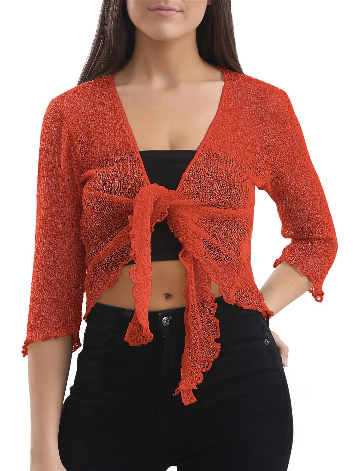 Womens Tie Up Open Front Shrug Ladies Knitted Cropped Bolero beach summer Top - Picture 137 of 169