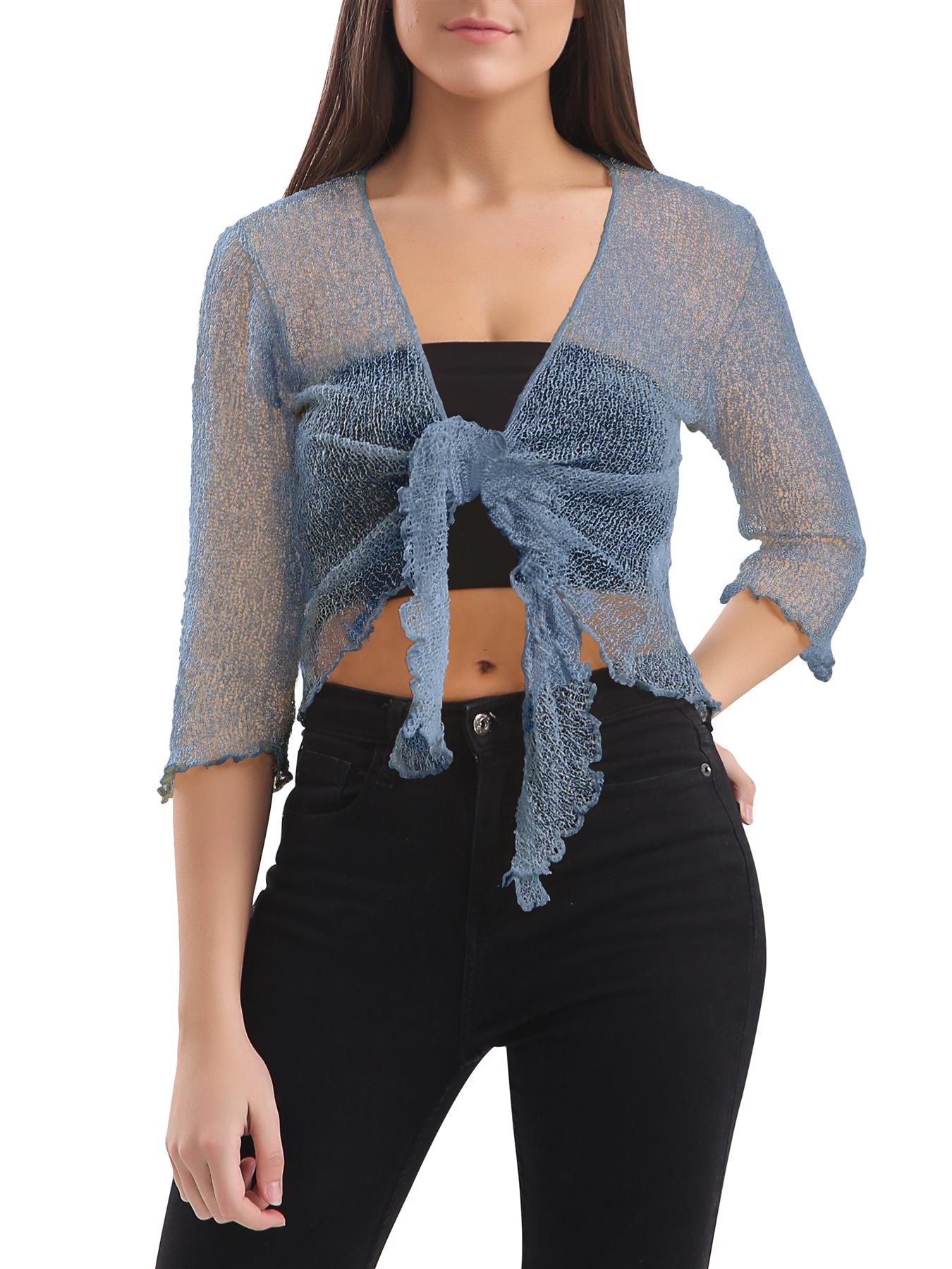 Womens Tie Up Open Front Shrug Ladies Knitted Cropped Bolero beach summer Top - Picture 30 of 169