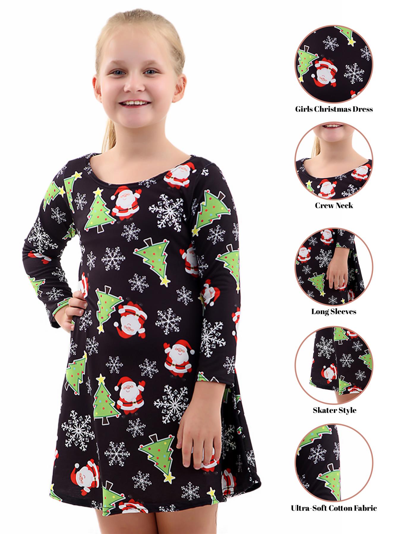 Girls Kids Christmas Santa Reindeer Novelty Long Sleeve Skater Party Swing Dress