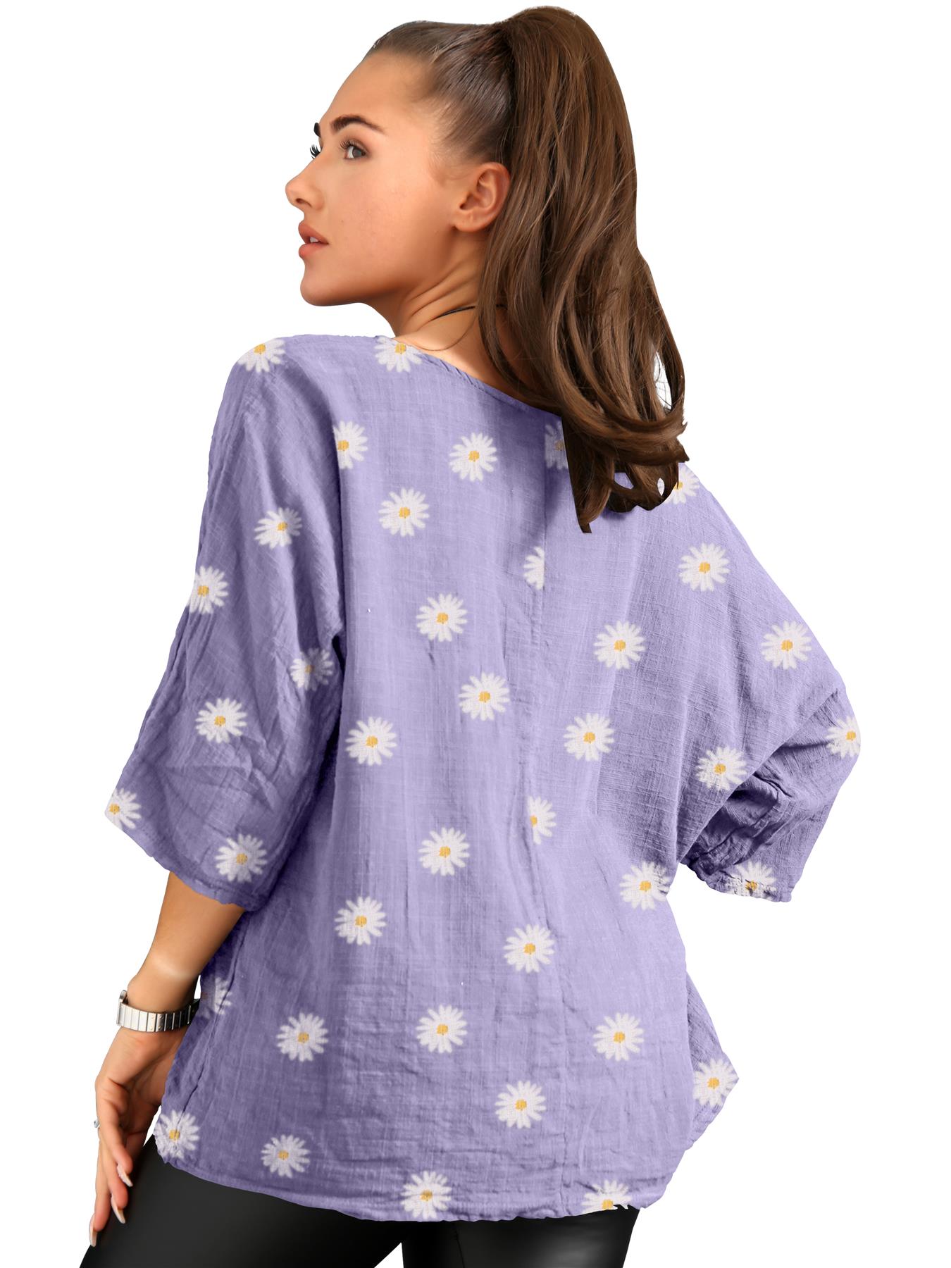 Women's Italian Lagenlook Cotton Top Daisy Floral Print 3/4 Sleeves Tunic Shirt - Picture 35 of 63