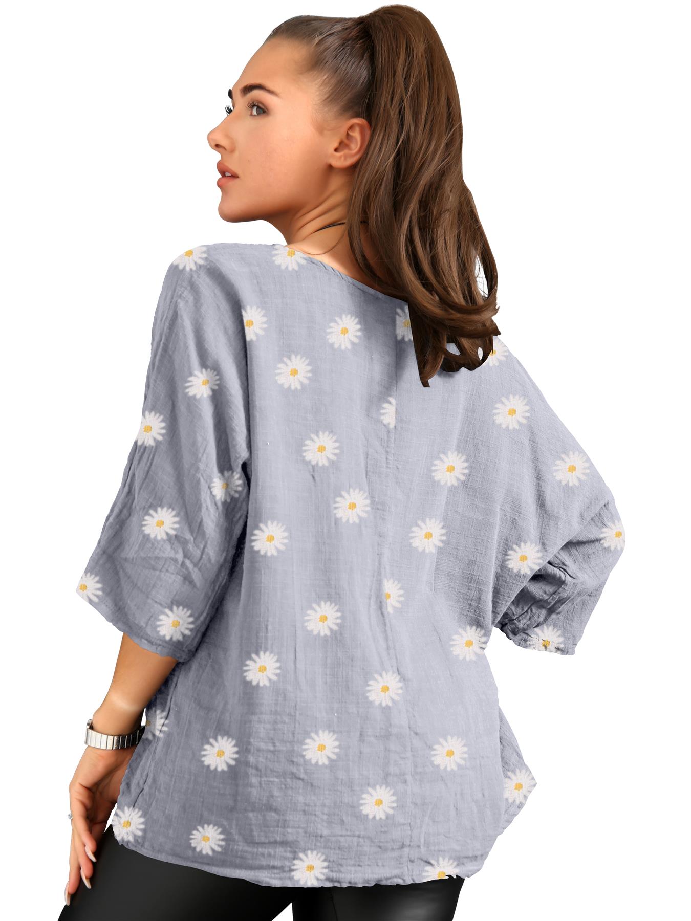 Women's Italian Lagenlook Cotton Top Daisy Floral Print 3/4 Sleeves Tunic Shirt - Picture 33 of 63