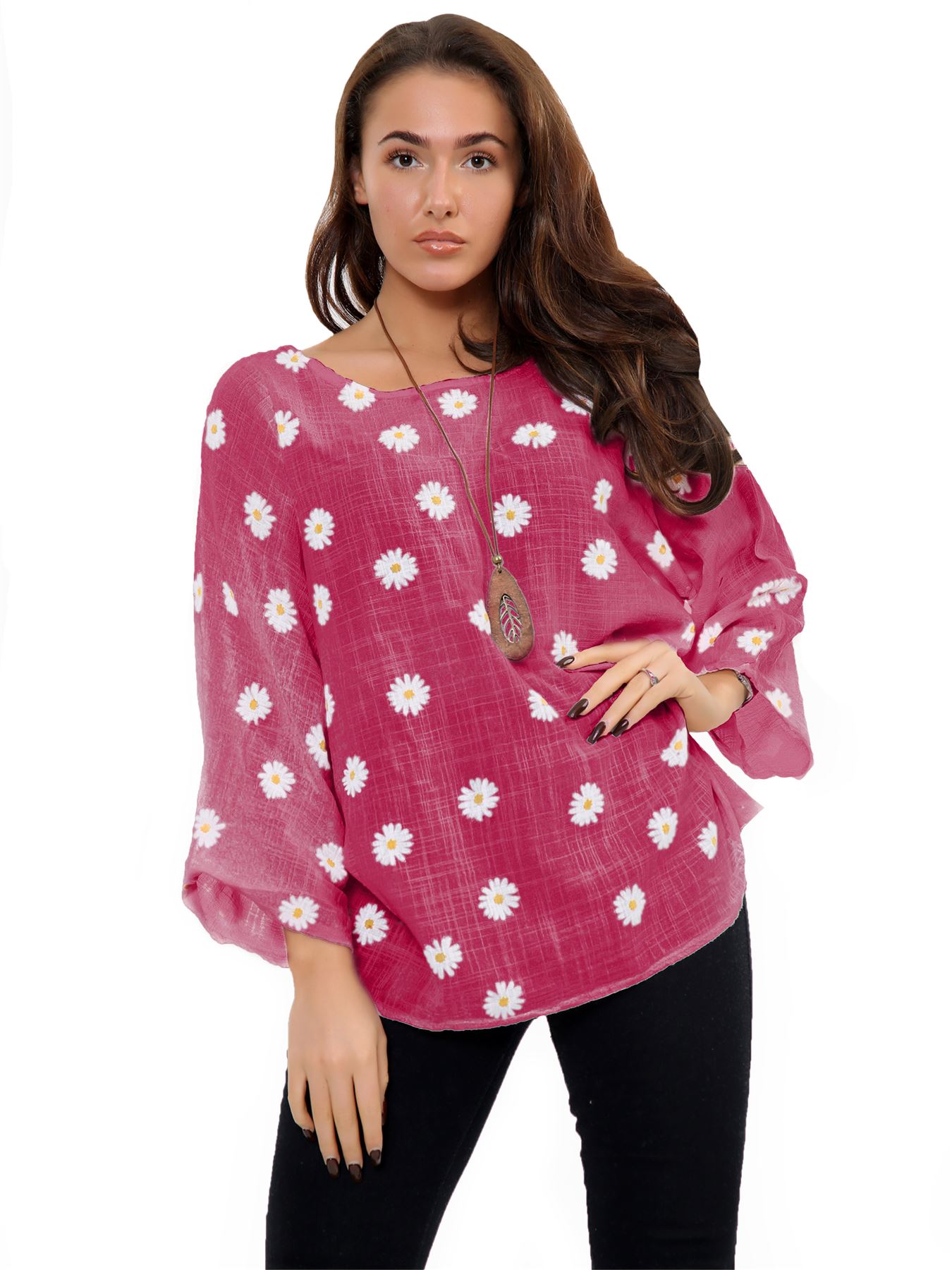 Ladies Italian Daisy Print Lagenlook Plain Lightweight Casual Short Top - Picture 100 of 101