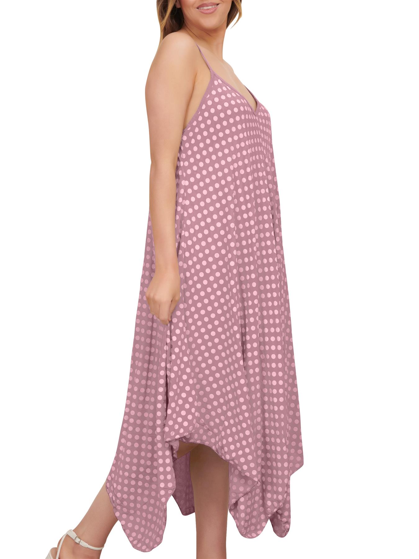 Womens Italian Spotted Print Strappy Hanky Hem Dress V Neck Sleeveless Summer - Picture 16 of 20