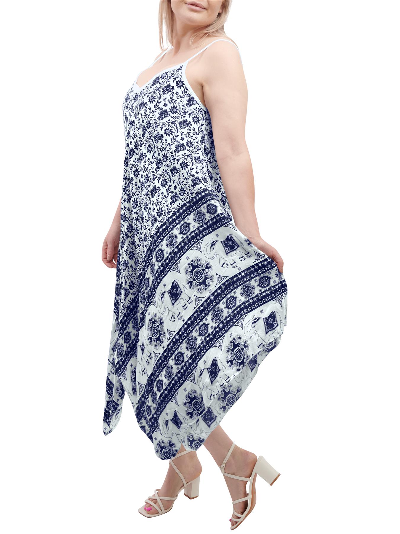 Womens Sleeveless Italian V Neck Hanky Dress Elephant Print Strappy Summer Maxi - Picture 62 of 72