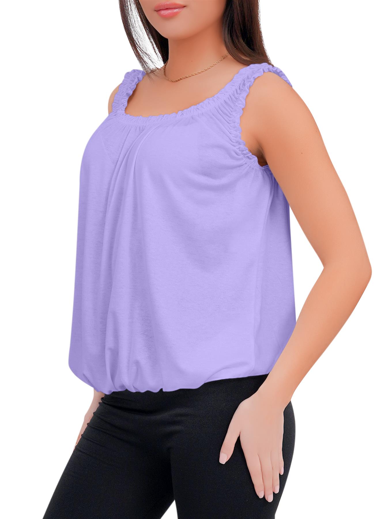 Women Round Scoop Neckline Gathered Vest Top Ladies Elastic Bubble Hem Summer - Picture 76 of 138