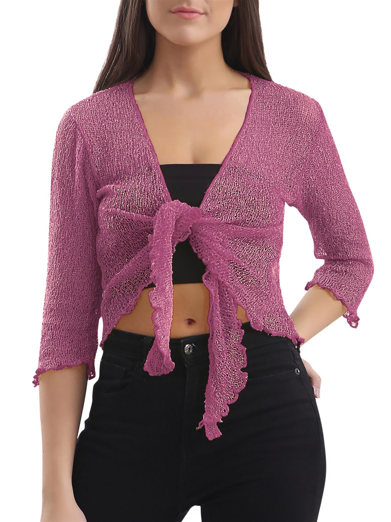 Womens Tie Up Open Front Shrug Ladies Knitted Cropped Bolero beach summer Top - Picture 125 of 169