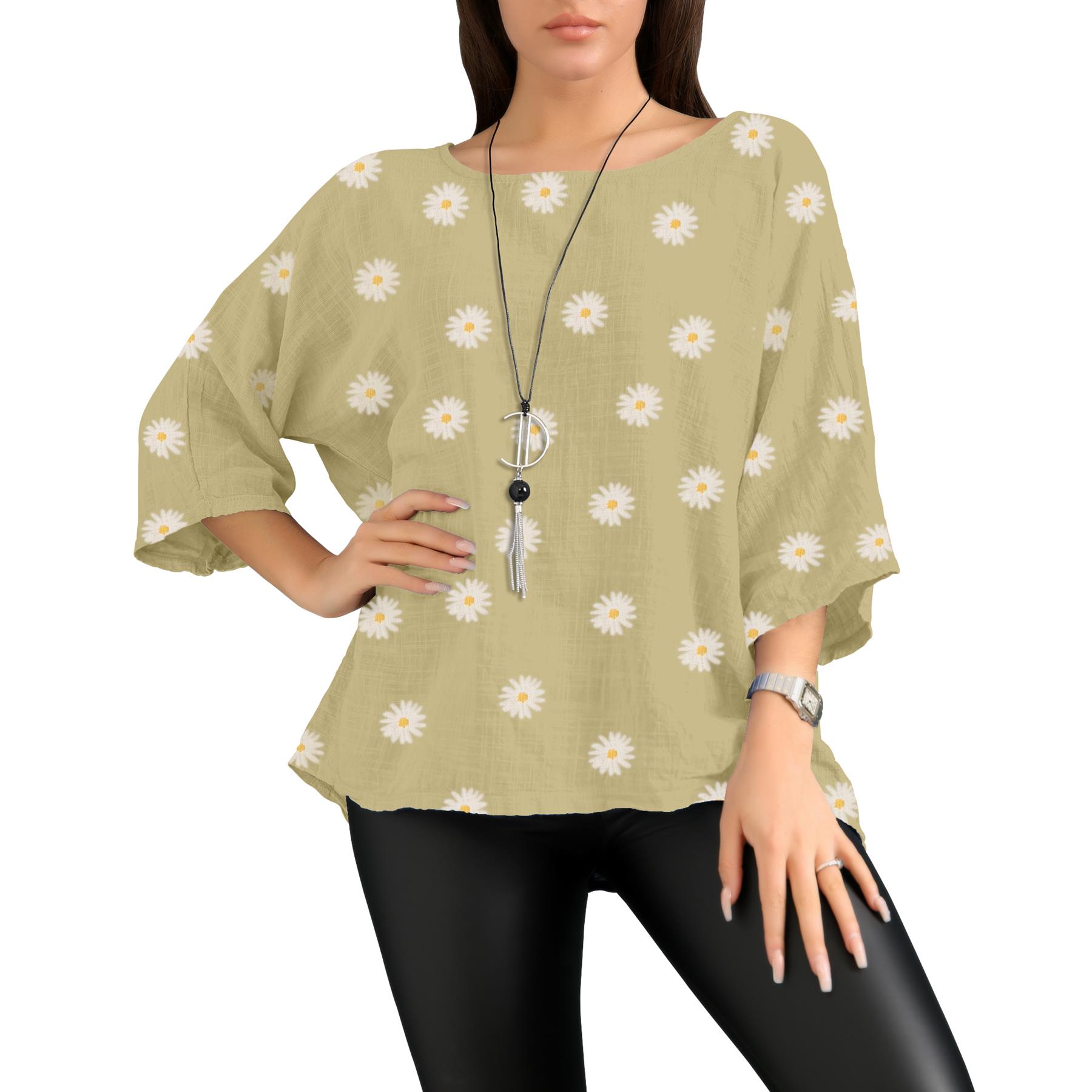 Women's Italian Lagenlook Cotton Top Daisy Floral Print 3/4 Sleeves Tunic Shirt - Picture 28 of 63