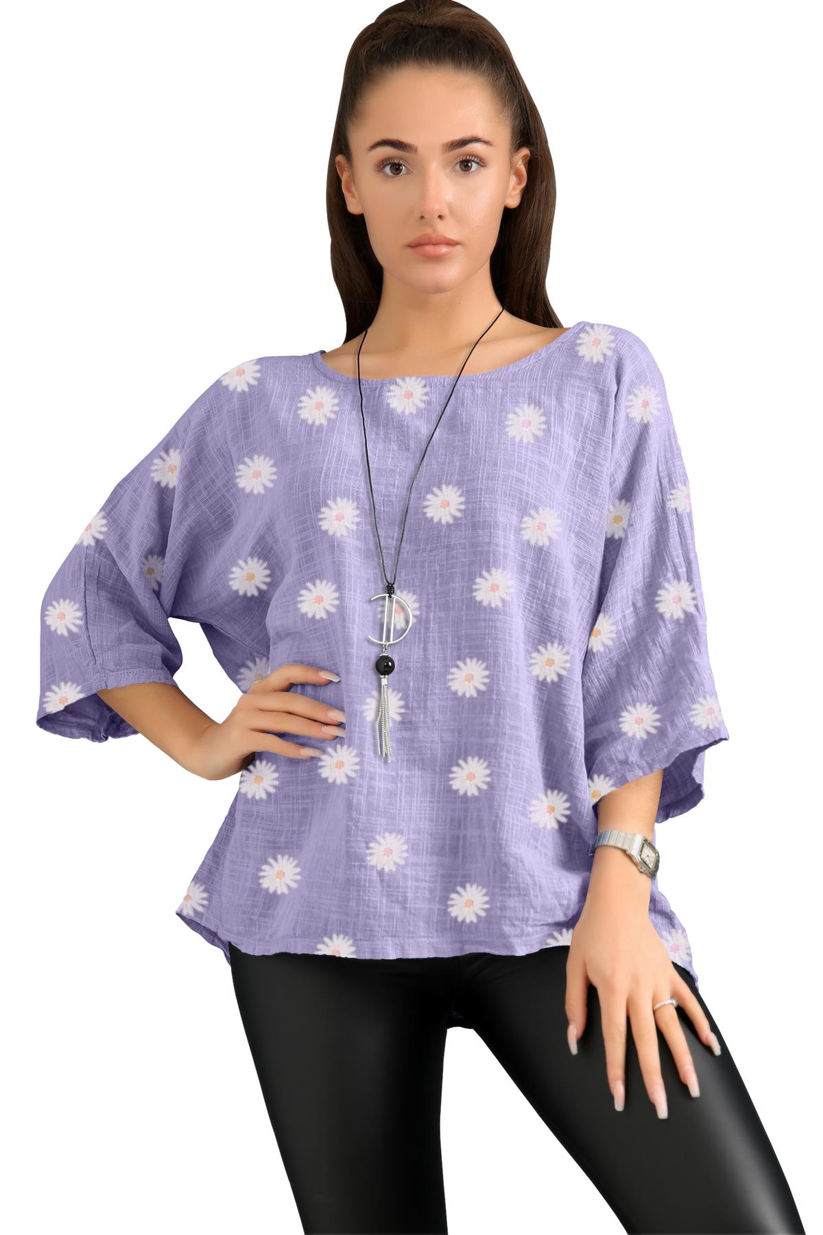 Women's Italian Lagenlook Cotton Top Daisy Floral Print 3/4 Sleeves Tunic Shirt - Picture 34 of 63