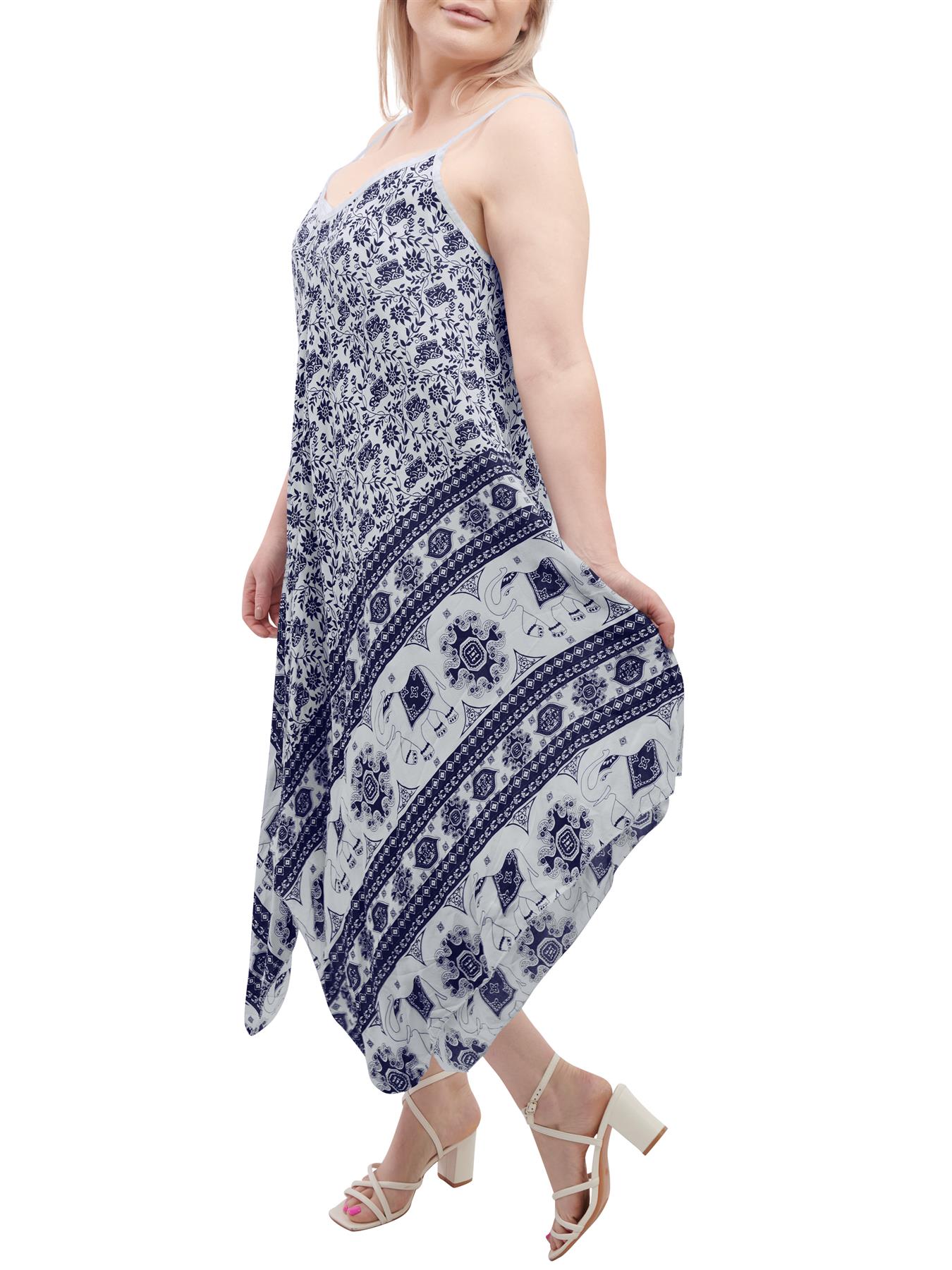 Womens Sleeveless Italian V Neck Hanky Dress Elephant Print Strappy Summer Maxi - Picture 71 of 72
