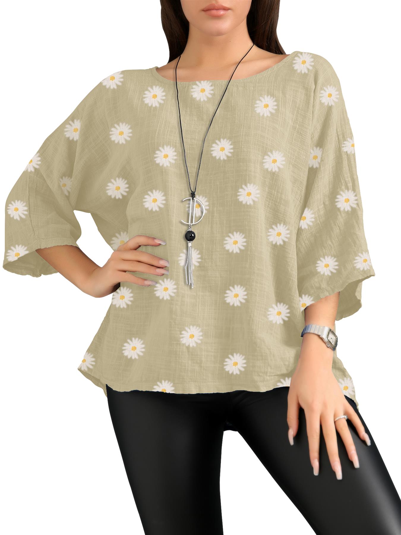 Women's Italian Lagenlook Cotton Top Daisy Floral Print 3/4 Sleeves Tunic Shirt - Picture 30 of 63