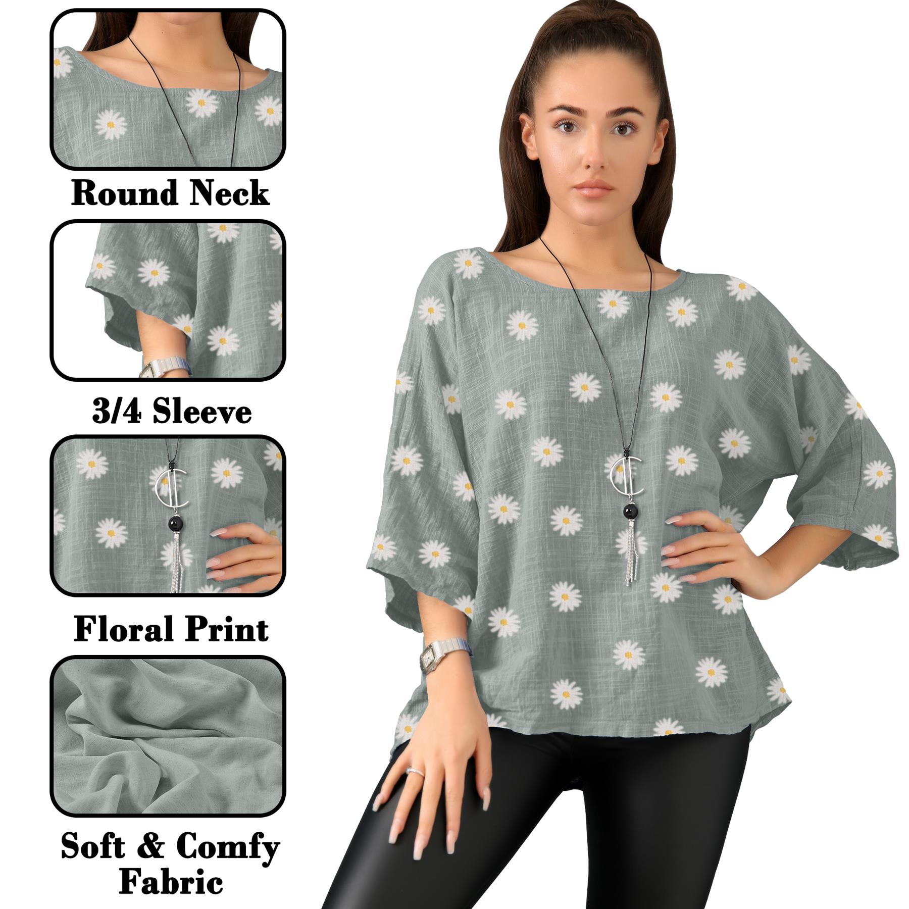 Women's Italian Lagenlook Cotton Top Daisy Floral Print 3/4 Sleeves Tunic Shirt - Picture 51 of 63