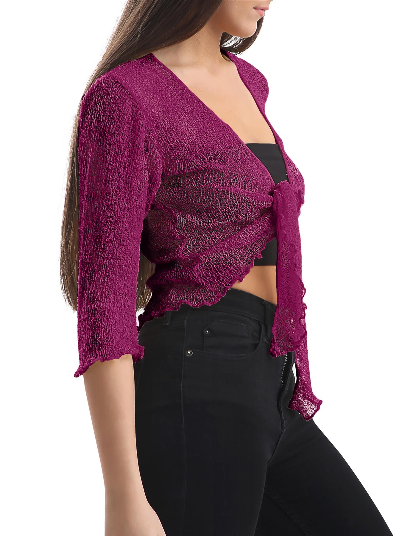Womens Tie Up Open Front Shrug Ladies Knitted Cropped Bolero beach summer Top - Picture 90 of 169