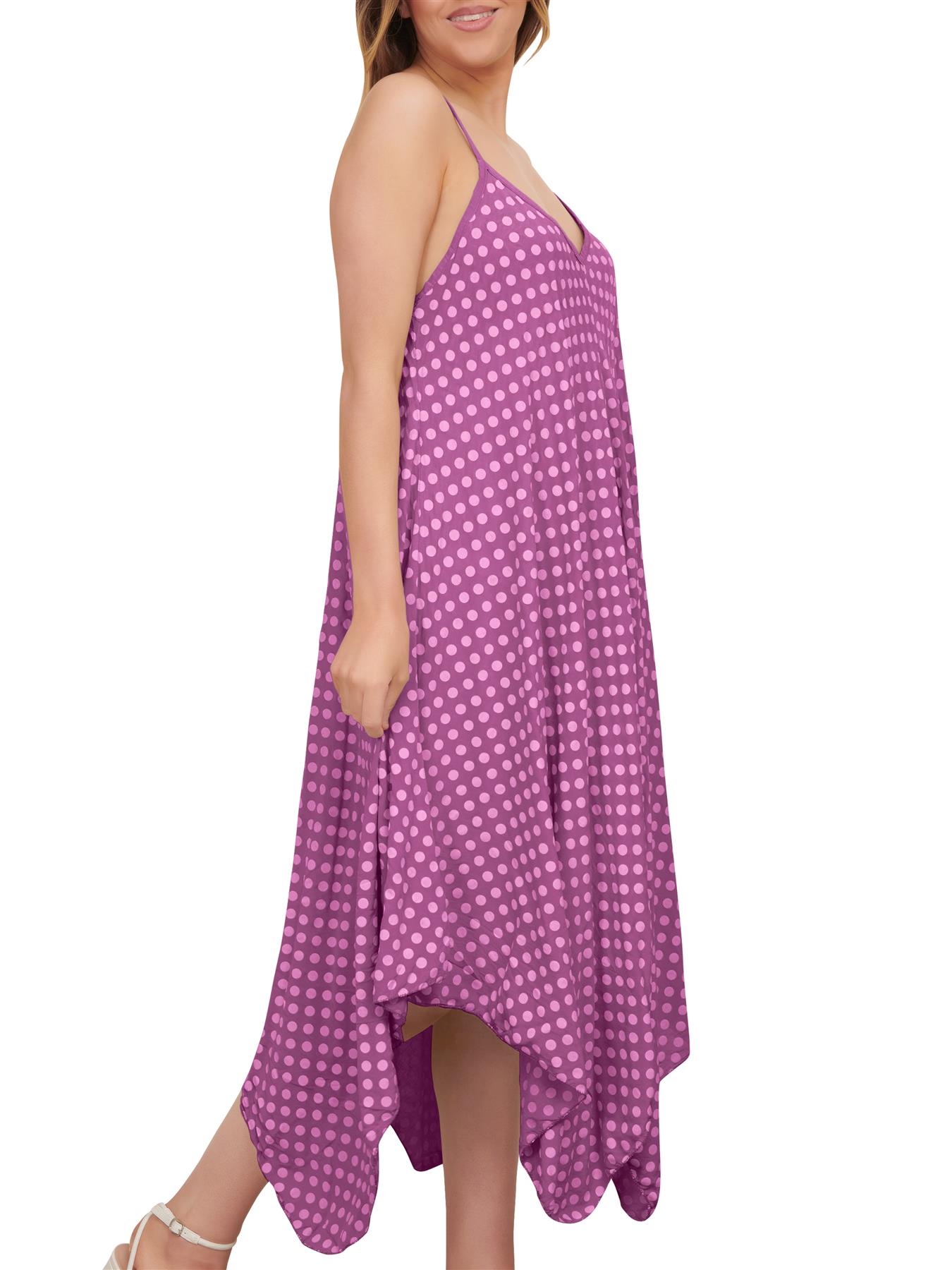 Womens Italian Spotted Print Strappy Hanky Hem Dress V Neck Sleeveless Summer - Picture 10 of 20