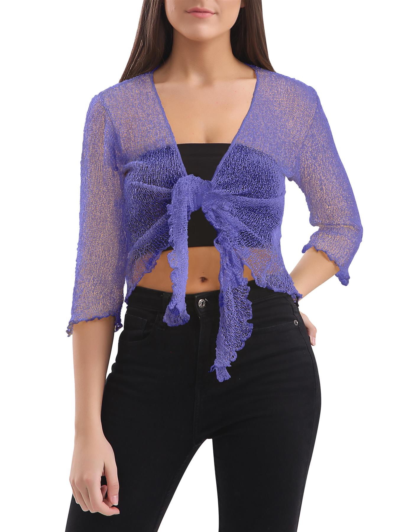 Womens Tie Up Open Front Shrug Ladies Knitted Cropped Bolero beach summer Top - Picture 122 of 169