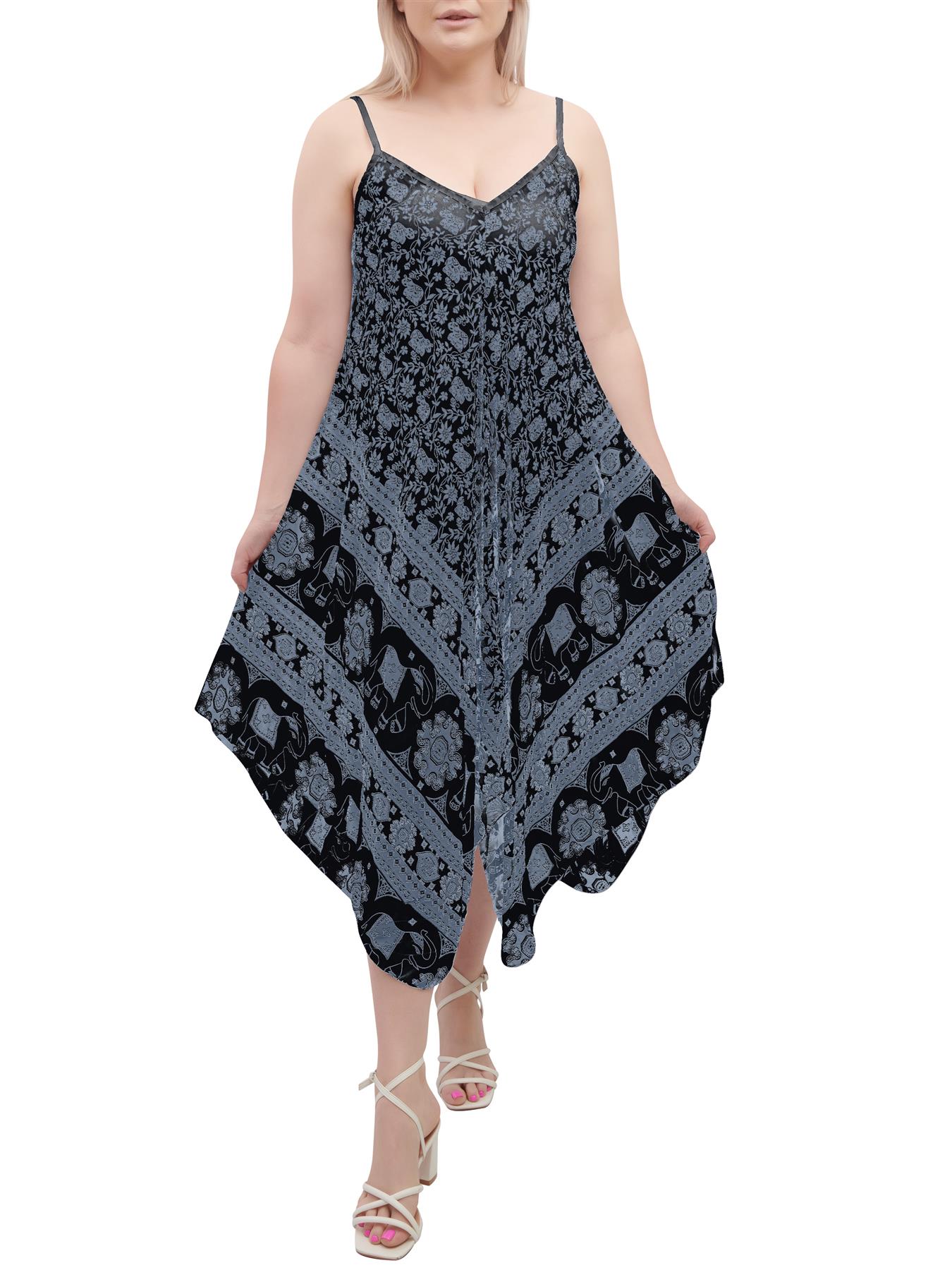 Womens Sleeveless Italian V Neck Hanky Dress Elephant Print Strappy Summer Maxi - Picture 12 of 72