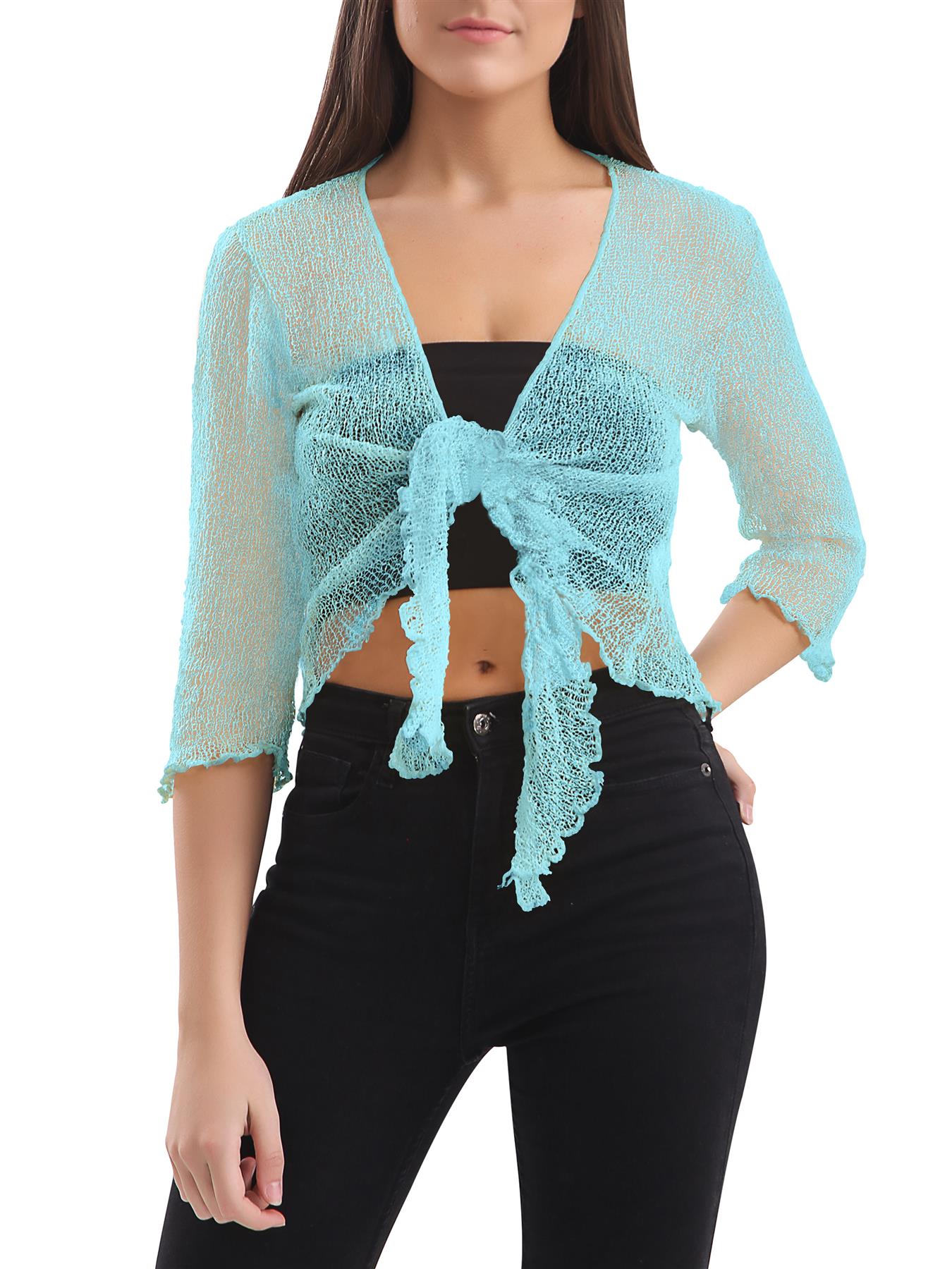 Womens Tie Up Open Front Shrug Ladies Knitted Cropped Bolero beach summer Top - Picture 52 of 169