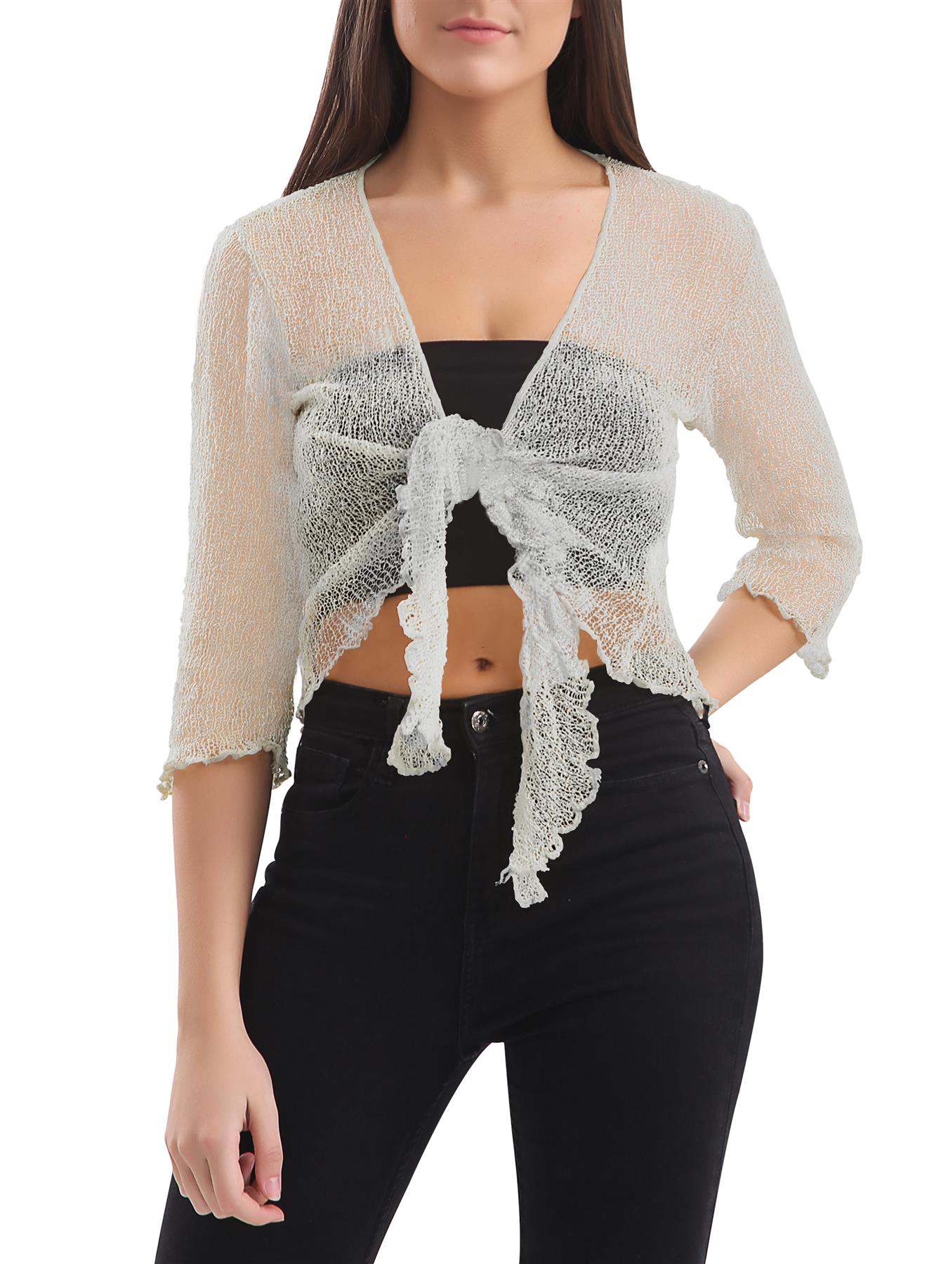 Womens Tie Up Open Front Shrug Ladies Knitted Cropped Bolero beach summer Top - Picture 77 of 169