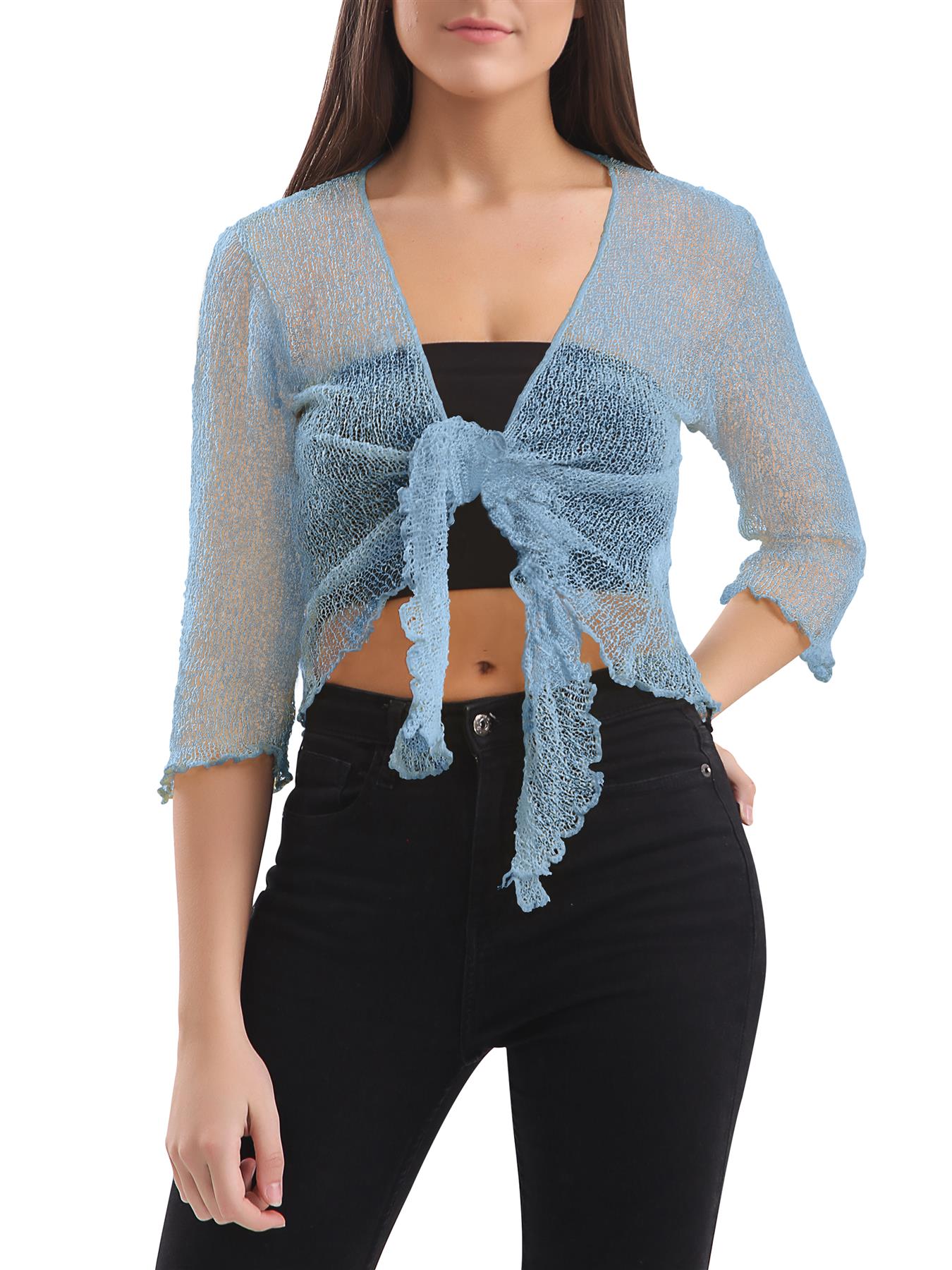 Womens Tie Up Open Front Shrug Ladies Knitted Cropped Bolero beach summer Top - Picture 58 of 169