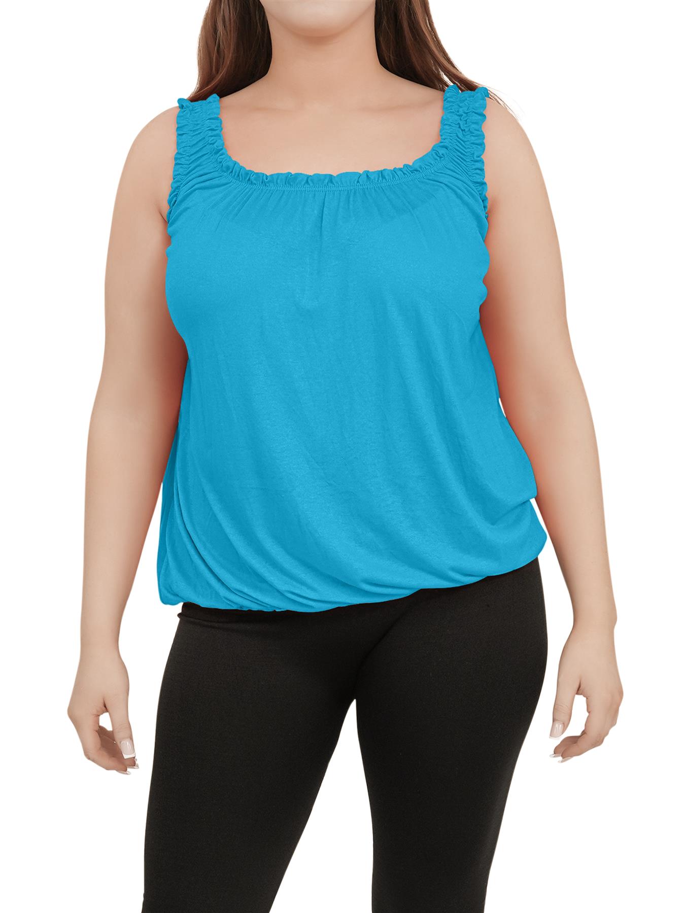 Women Round Scoop Neckline Gathered Vest Top Ladies Elastic Bubble Hem Summer - Picture 128 of 138