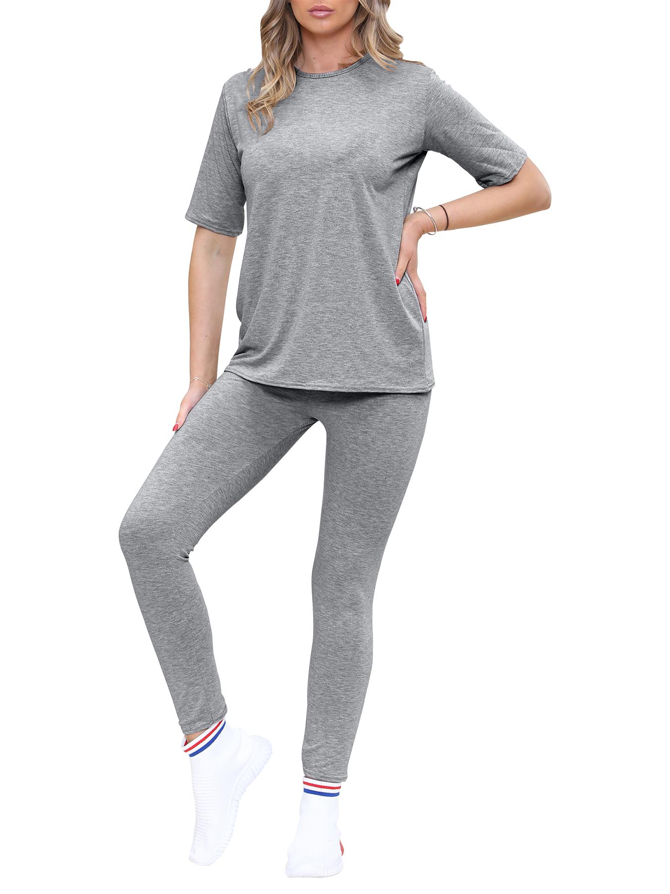 2 Piece Womens Plain Co-ord Set Summer Slim Fit Short Sleeve Loungewear Set - Picture 70 of 119