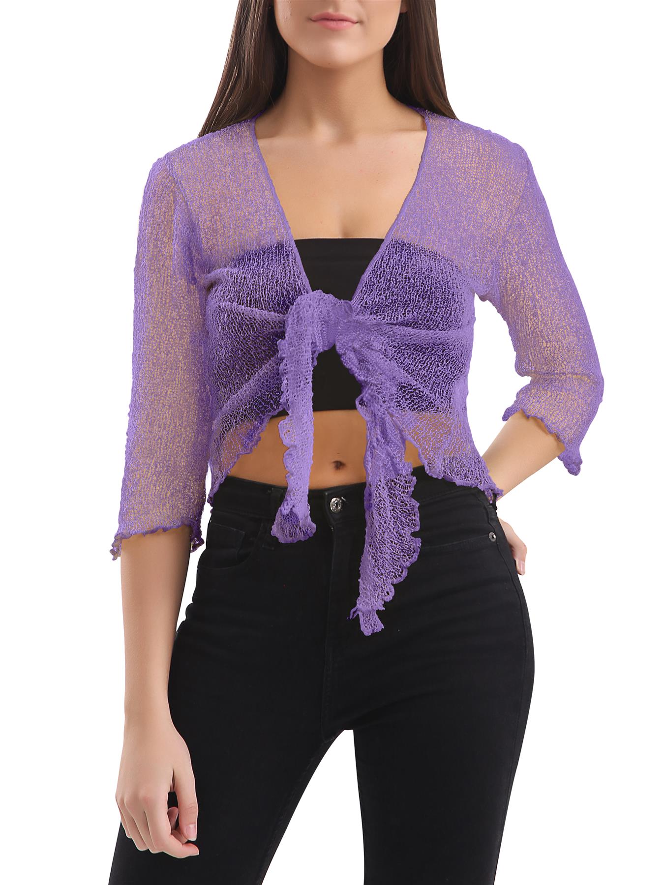 Womens Tie Up Open Front Shrug Ladies Knitted Cropped Bolero beach summer Top - Picture 83 of 169