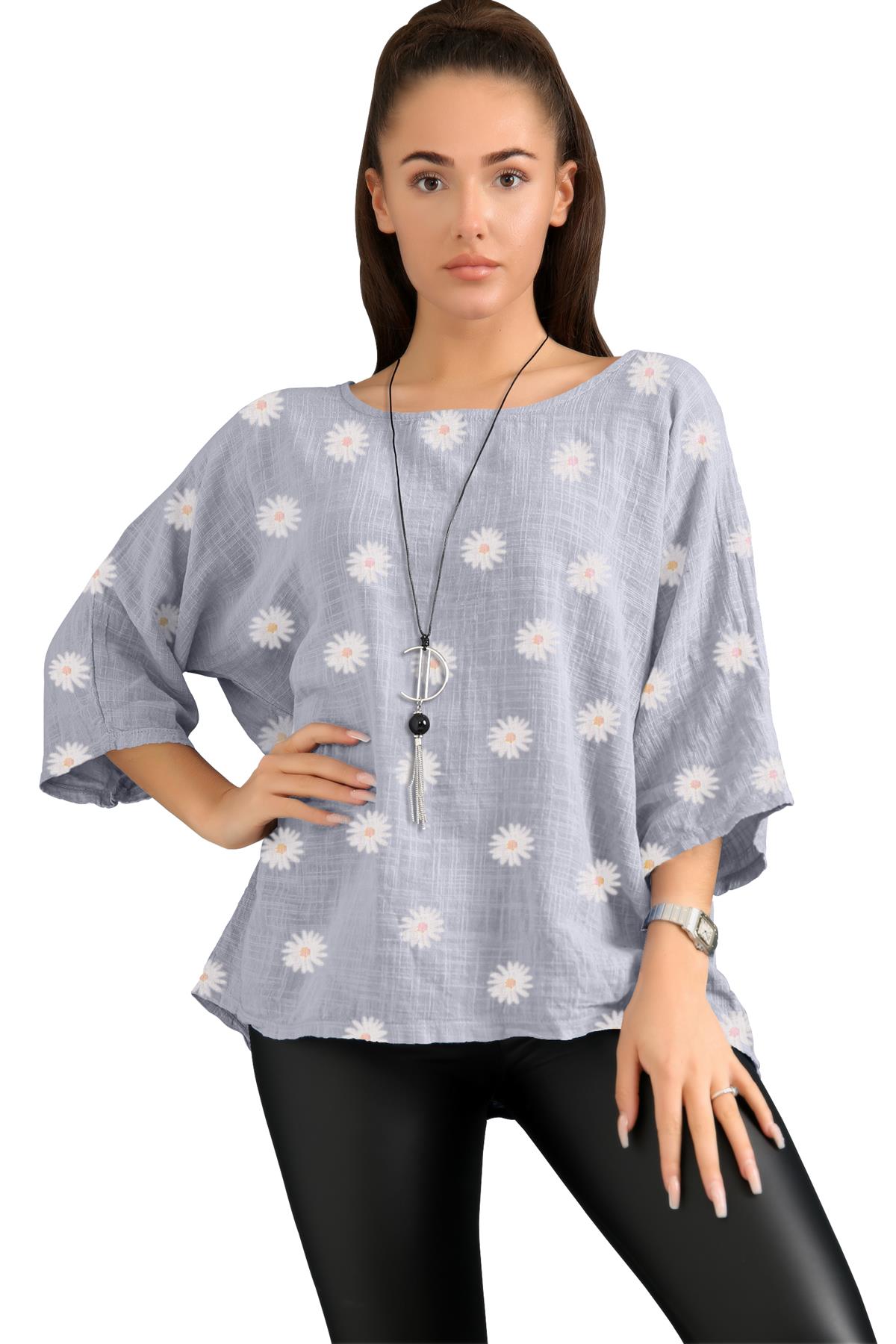 Women's Italian Lagenlook Cotton Top Daisy Floral Print 3/4 Sleeves Tunic Shirt - Picture 32 of 63
