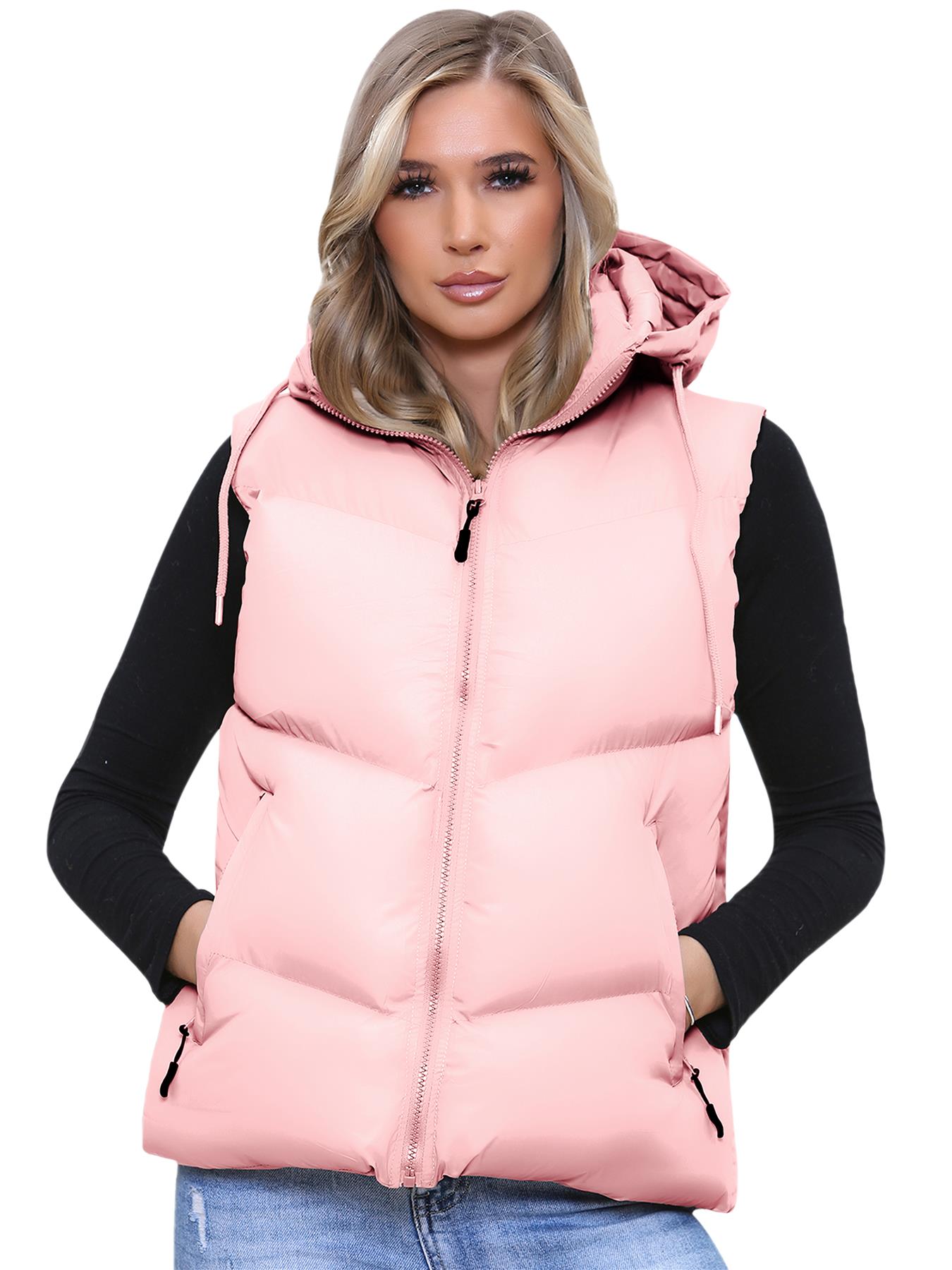 Women Italian Short Gillet Sleeveless Puffer Hooded Lightweight Zip Up Jacket - Picture 3 of 10