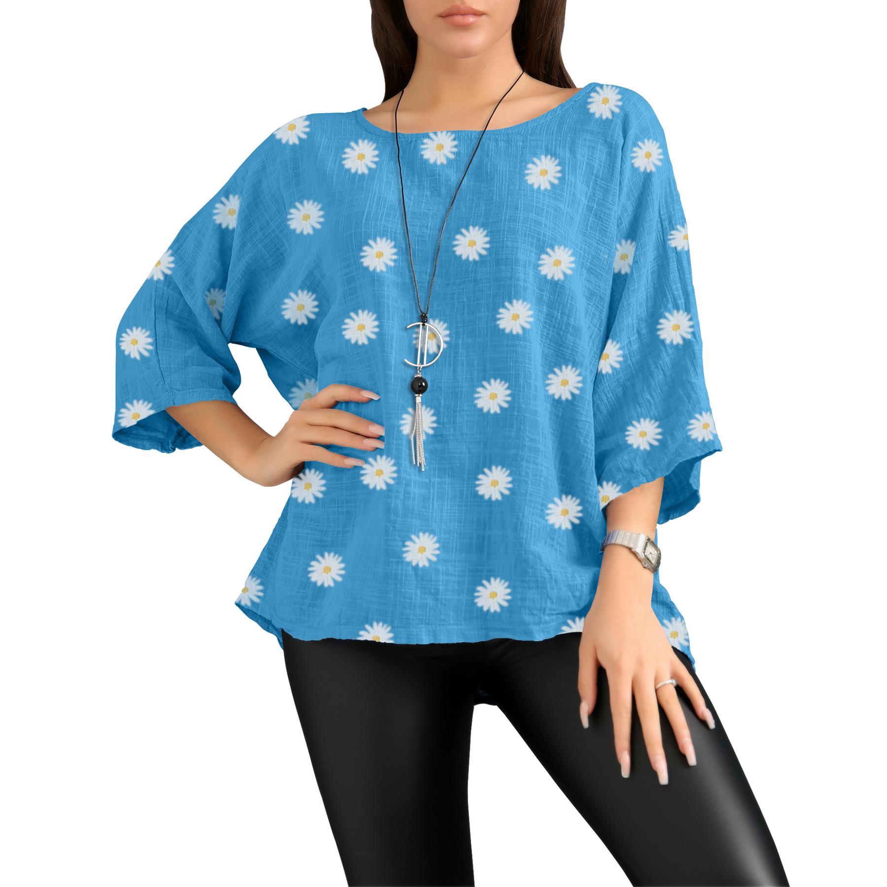 Women's Italian Lagenlook Cotton Top Daisy Floral Print 3/4 Sleeves Tunic Shirt - Picture 58 of 63