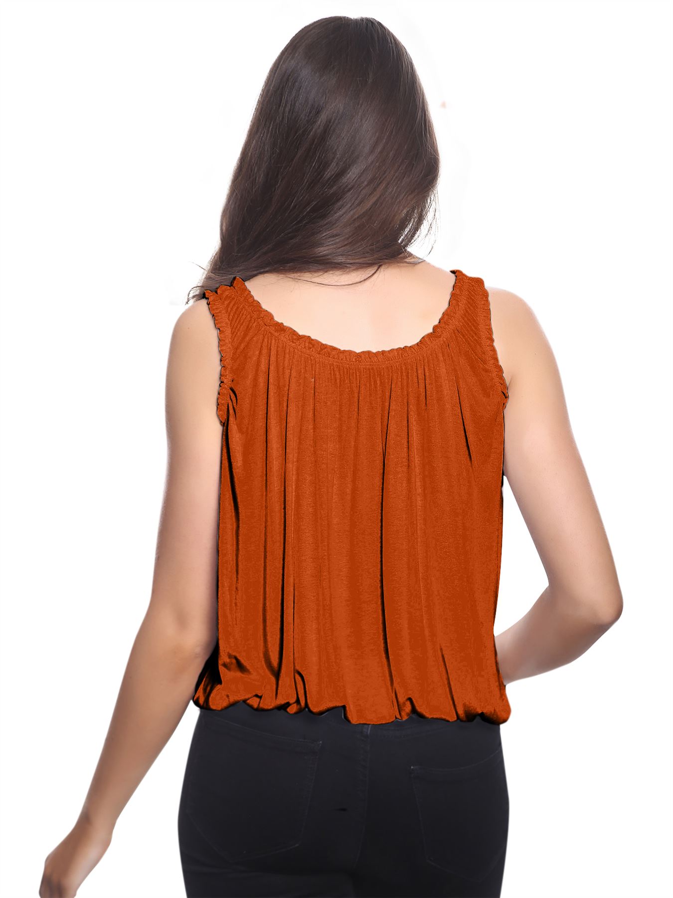 Women Round Scoop Neckline Gathered Vest Top Ladies Elastic Bubble Hem Summer - Picture 117 of 138